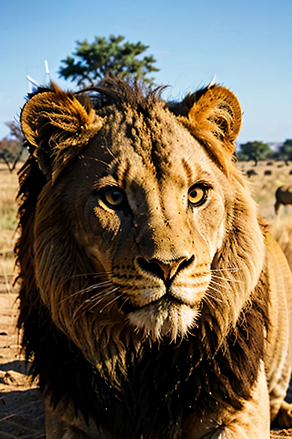 closeup of a lion&#39;La cara con la sabana africana al fondo.
