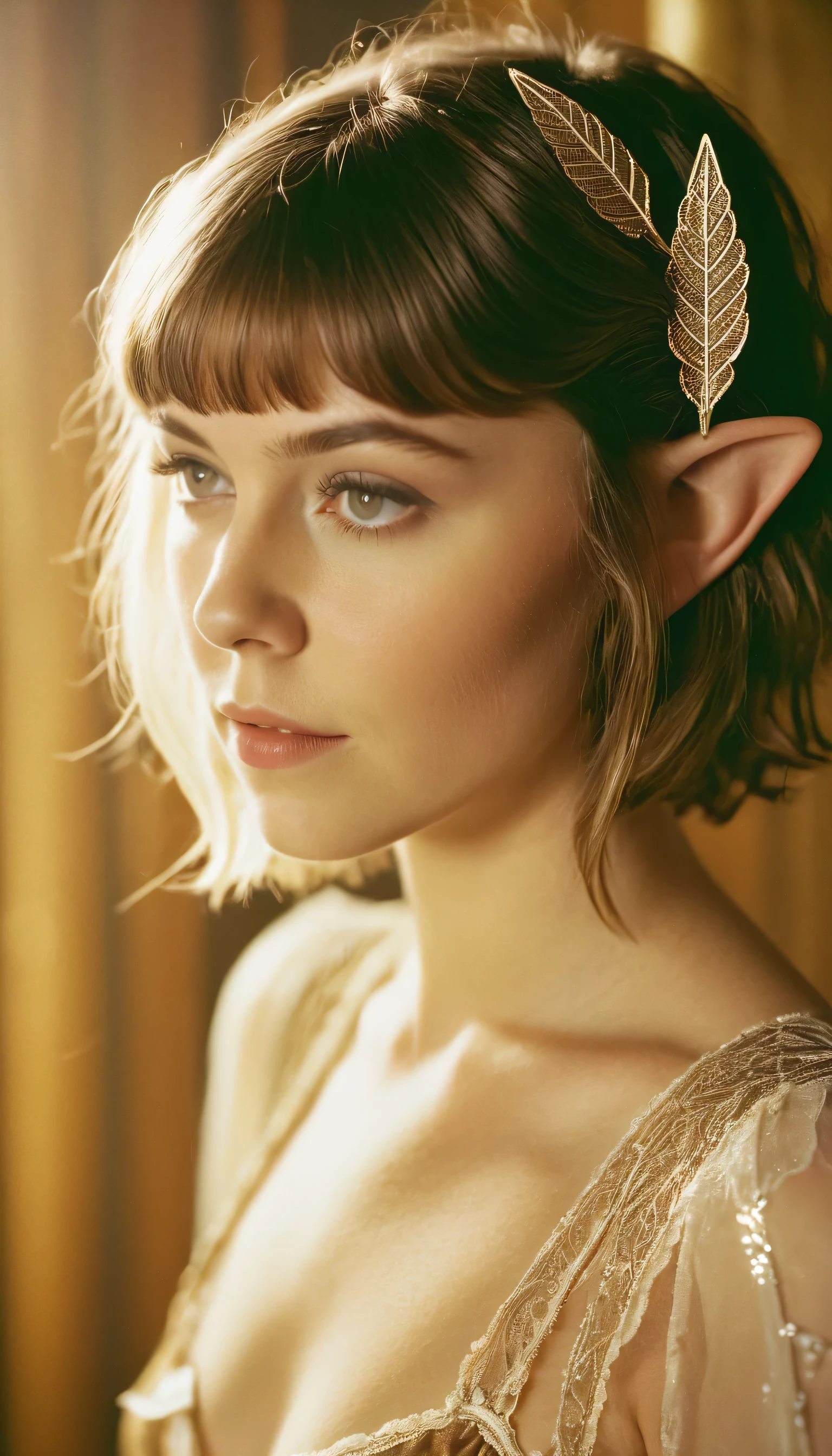 analog film photo, photo of a elven girl, mid-twenties, (vintage undergarments:1.1), elf, elf ears, long pointy ear tips, shaggy bob haircut, light-brown sun-tanned skin, sweaty, pretty, natural beauty, resembles Mary Elizabeth Winstead, RAW Photograph, dslr, soft lighting, high quality, film grain, Fujifilm XT3, detailed skin with visible pores, insane details, masterpiece, 8k, 35mm photograph, dslr, kodachrome, faded film, desaturated, 35mm photo, grainy, vintage, Kodachrome, Lomography, stained, highly detailed, found footage, close-up shot, elven ears