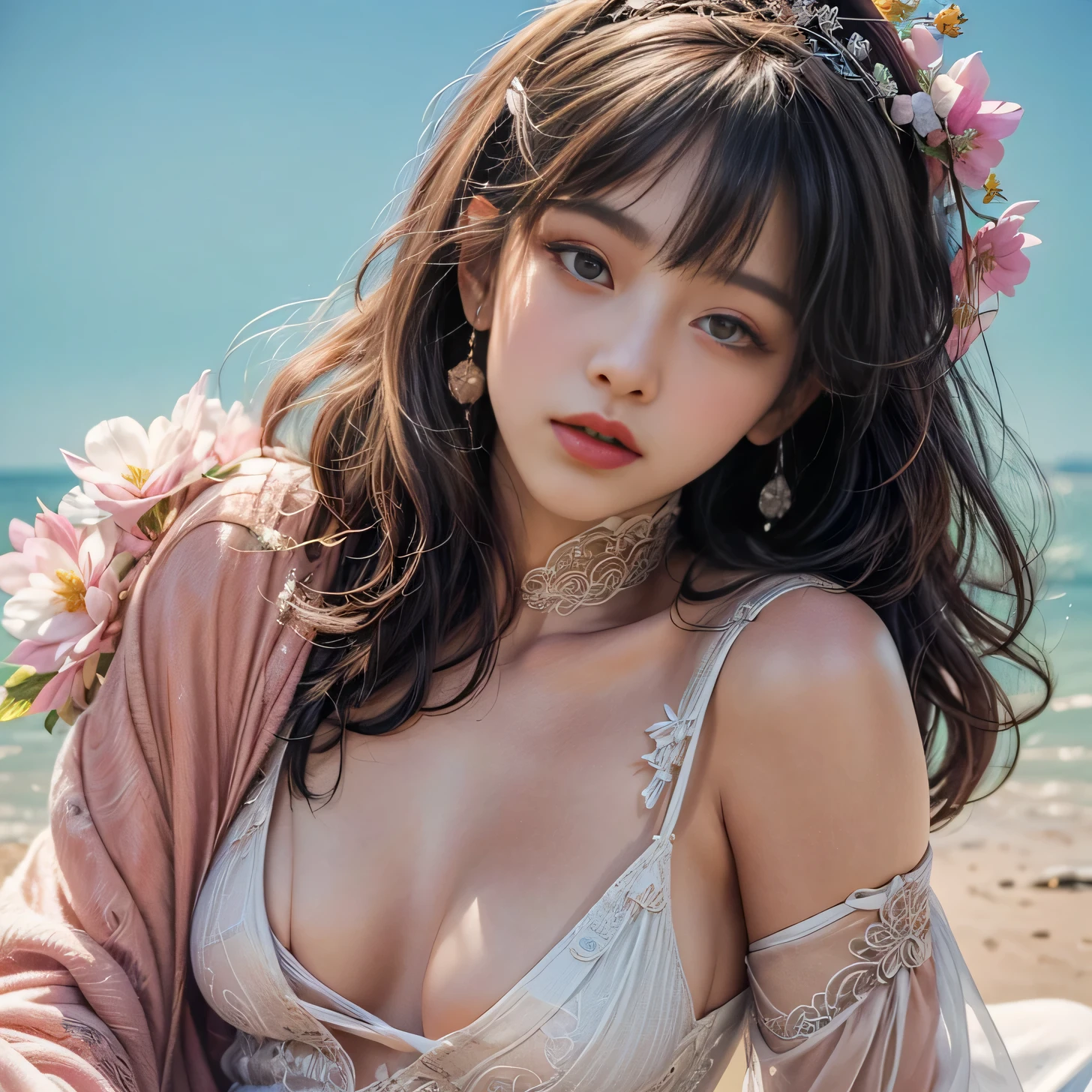 with blue sky and white cloud mountain in the distance,pink flowers, die,Kirschbaum,Hanfu-Frau,Phoenix crown tiara、Careful embroidery、Tragen Sie durchsichtige Hanfu-Strumpfhosen、(durchsichtige Strumpfhosen1,6), Wearing sleeveless Hanfu、Clear panties are clearly visible、Look at panties and panties、Naked oversized breasts、ROH,(8K、top quality、tMeisterwerk:1.8)、(aufwendige Details:1.8)、(Realismus:1.8)、Oktandarstellungen、Komplexe 3D-Darstellung mit extremen Details, Studio Sanftes Licht, Kantenlichter, lebendige Details, super detailliert, Realistische Hauttexturen, Detailgesicht, beautiful eyes, Sehr detailliertes CG Unity 16k-Hintergrundbild, Kosmetika, (detaillierter Hintergrund:2.0), Die Haut strahlt、Spreize deine Beine,Kamelzehe zeigt Oberschenkel!!!、Full body, NSFW Highest quality