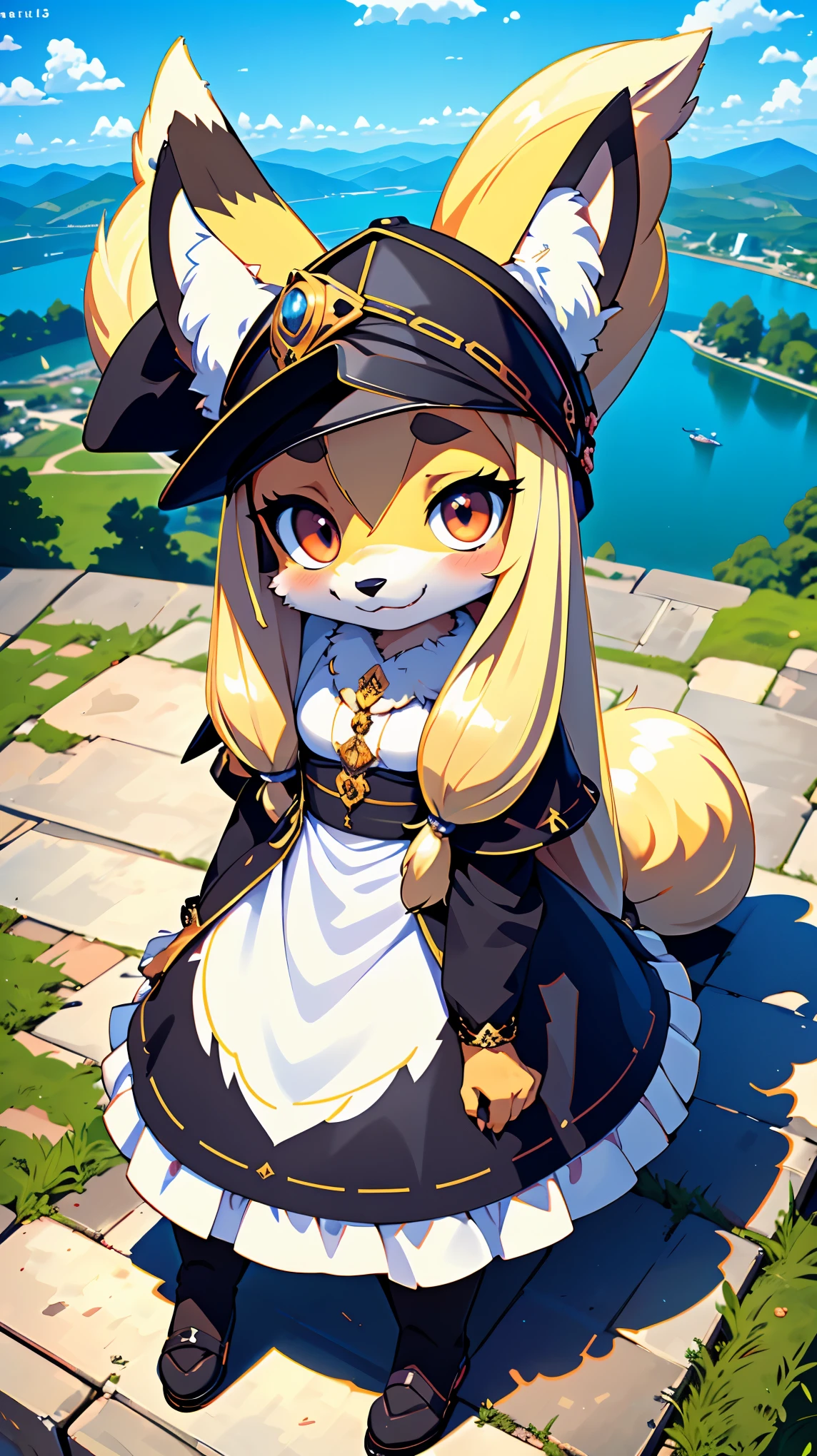 (Round eyebrows:1.5),((fisheye:1.5)),(black hat:1.3),(natural light:1.3),(height 120cm),(smile),(2 furry girls),(sit:1.5),(chibi:2.0),((On the hill overlooking the lake:1.5)),(wolf tail),(spread arms),(dog paw pad),(engagement ring),(heart shaped pupils),((toddler)),nobility,(white wolf girl),(teen),((white color long hair:1.7)),(fur skin),(white long dress:1.5),brown corset,steampunk,female,(furry),sitting,(big black ribbon on head:1.3),(Round eyebrows),(wolf ear:1.2),(wearing),(Luxurious medieval fantasy outfit:1.5), (character) , (Best Quality,4k,8K,hight resolution,Masterpiece:1.2), Ultra-detailed, (Realistic,Photorealistic,photo-realistic:1.37), HDR, UHD, studio lightning, ultra-fine painting, sharp-focus, physical based rendering, extreme detail description, Professional, Vivid colors, bokeh, (em) portrai, landscape, photografic, Concept Artists (style of), (with a) vibrant color palette, (pa) soft-lighting. Jewelry