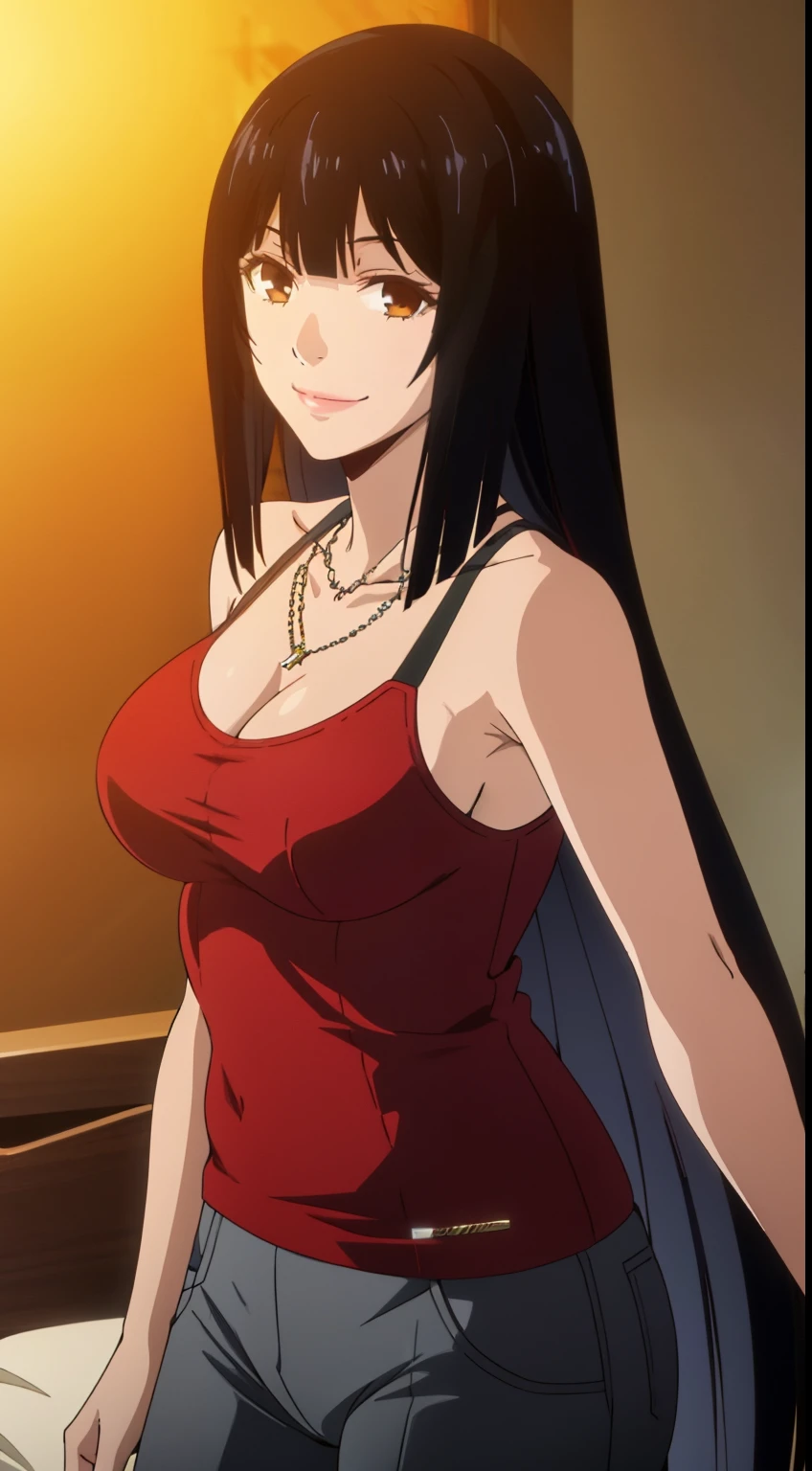 Super high quality CGI animation 8k, very detailed, Digital Art Painting, 1 girl, Happy, smile, looking at the viewer, blunt bangs blunt ends princess cut bangs, black hair, very long hair, big breasts,Tank top,necklace,pants,sexy pose,