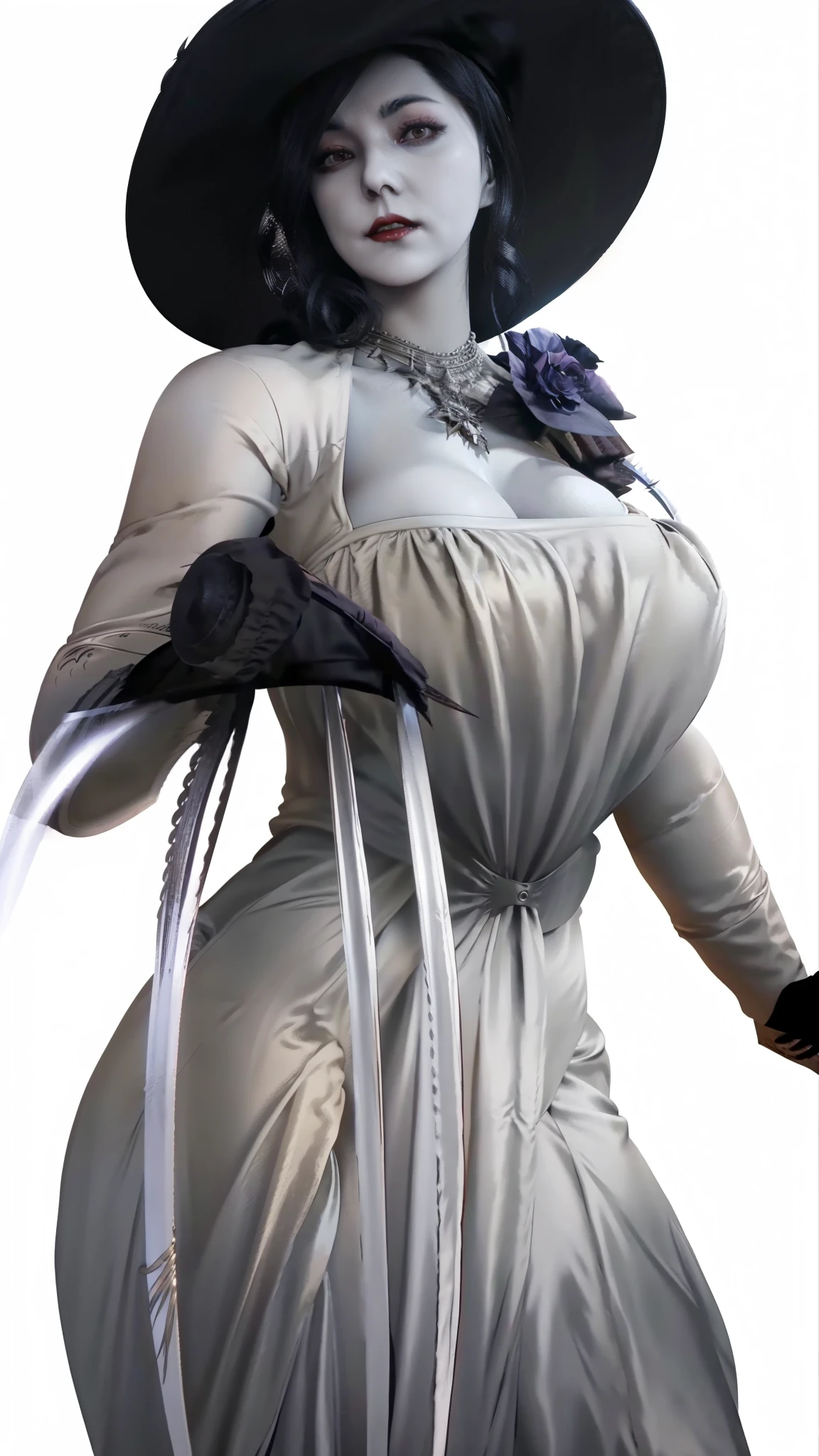 a close up of a woman in a dress and hat with claws, lady dimitrescu, lolth, albedo from overlord, albedo from the anime overlord, abigail larson, succubus in sundress portrait, official character art, commission for high res, yoko taro, cushart krenz key art feminine, render of april, more details