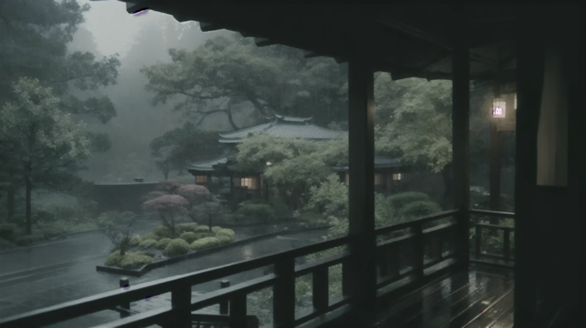 there is a view of a rainy japanese garden from a balcony, quiet and serene atmosphere, lush japanese landscape, rainy day outside, inside on a rainy day, rainy outside, japanese house, rainy and gloomy atmosphere, rainy evening, japan nature, rainy afternoon, rain aesthetic, peaceful and serene, japanese onsen, rainy scene, in a rainy environment, kyoto inspired