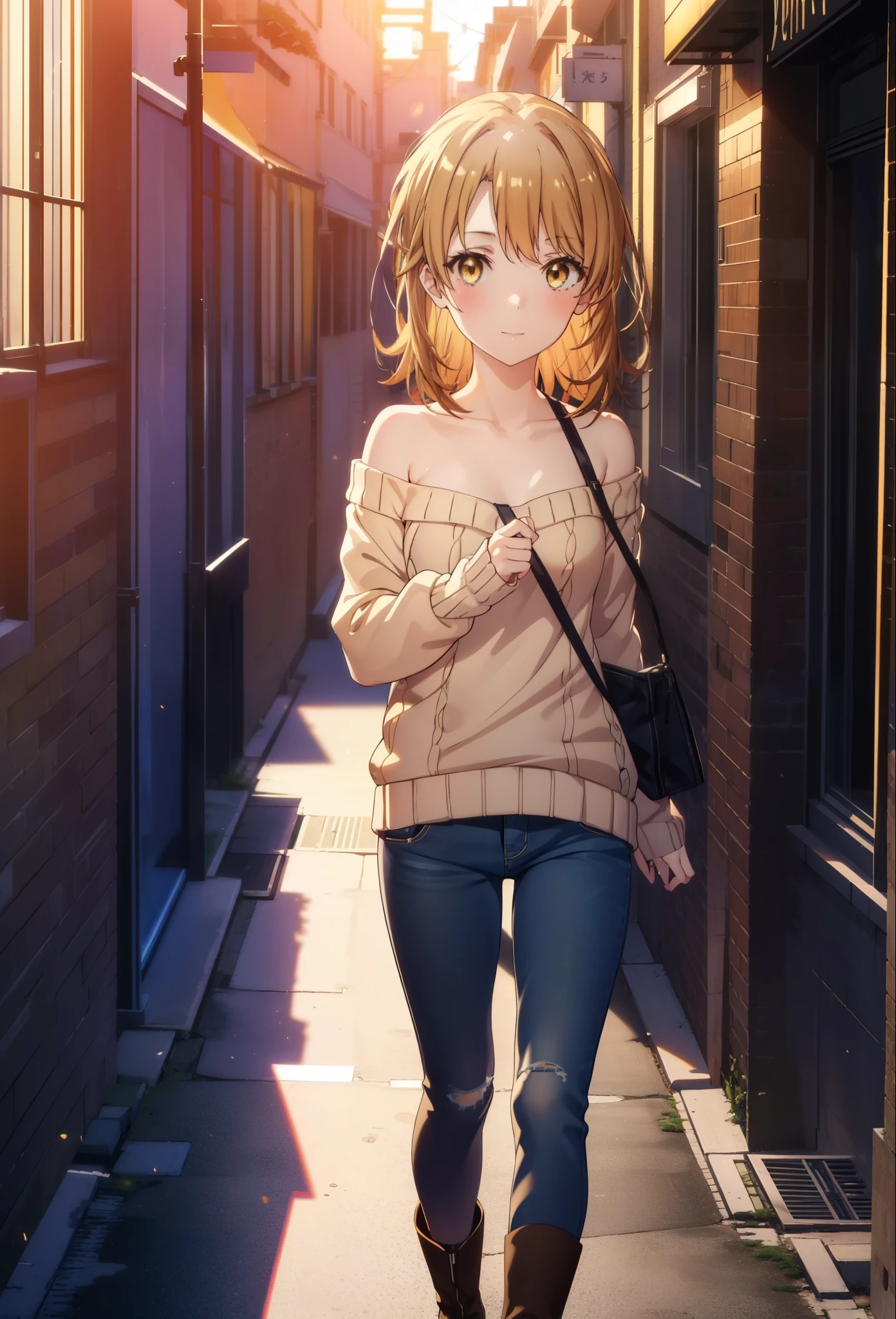 irohaisshiki, iroha isshiki, long hair, brown hair, (brown eyes:1.5), smile,blush,short braided hair,ponytail,off shoulder sweater,bare shoulders,naked neck,bare clavicle, oversized sweater, oversized sweater,  short denim pants,black pantyhose,short boots,morning日,morning,the sun is rising,walking,On the way to school,
break outdoors, building street,In town,
break looking at viewer,
break (masterpiece:1.2), highest quality, High resolution, unity 8k wallpaper, (figure:0.8), (detailed and beautiful eyes:1.6), highly detailed face, perfect lighting, Very detailed CG, (perfect hands, perfect anatomy),