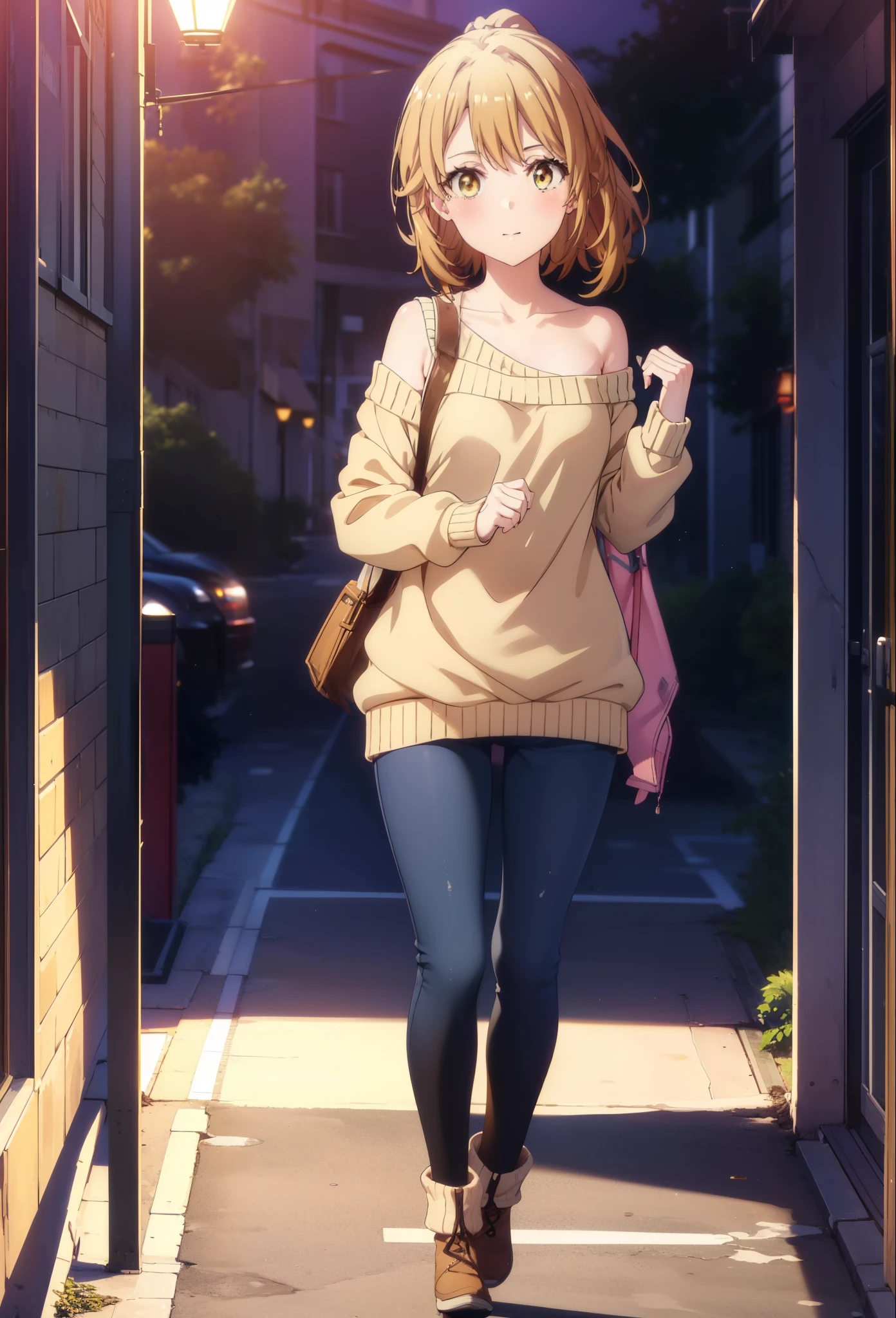 irohaisshiki, iroha isshiki, long hair, brown hair, (brown eyes:1.5), smile,blush,short braided hair,ponytail,off shoulder sweater,bare shoulders,naked neck,bare clavicle, oversized sweater, oversized sweater, short denim pants,black pantyhose,short boots,morning日,morning,the sun is rising,walking,On the way to school,
break outdoors, building street,In town,
break looking at viewer,
break (masterpiece:1.2), highest quality, High resolution, unity 8k wallpaper, (figure:0.8), (detailed and beautiful eyes:1.6), highly detailed face, perfect lighting, Very detailed CG, (perfect hands, perfect anatomy),