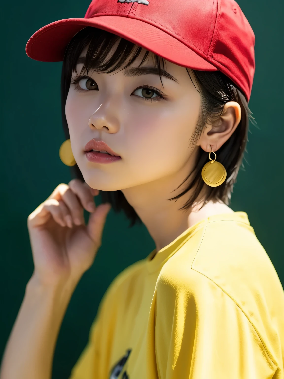 tetsuya nomura, masterpiece, highest quality, 1 girl, aqua eye, baseball cap, blonde hair, closed mouth, earrings, green background, have, hoop earrings, jewelry, looking at the viewer, shirt, short hair, simple background, alone, Upper body, yellow shirt