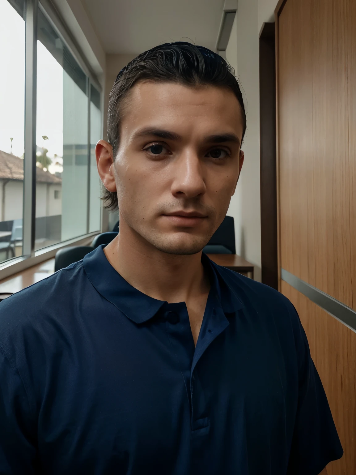 Retire o rosto dessa foto e crie um avatar com este rosto. Este avatar deve estar usando um terno cinza com camisa branca e gravata azul escuro. Must also be in an office. A foto deve ser formal para um perfil profissional.