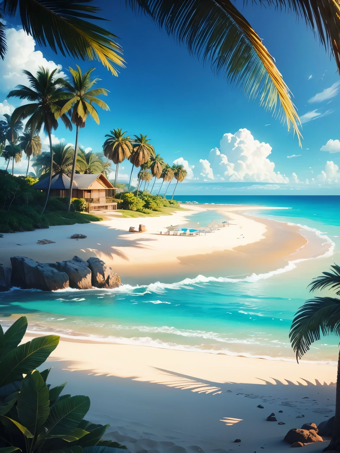 arafed island with palm trees and a sandy beach, tropical island, epic matte painting of an island, island in a blue sea, an island, island landscape, island background, monsoon on tropical island, island in the background, tropical location, island, island with cave, many islands, no humans, tree, cloud, sky, outdoors, scenery, day, palm tree, ocean, water, beach, blue sky, horizon, cloudy sky, nature, sand