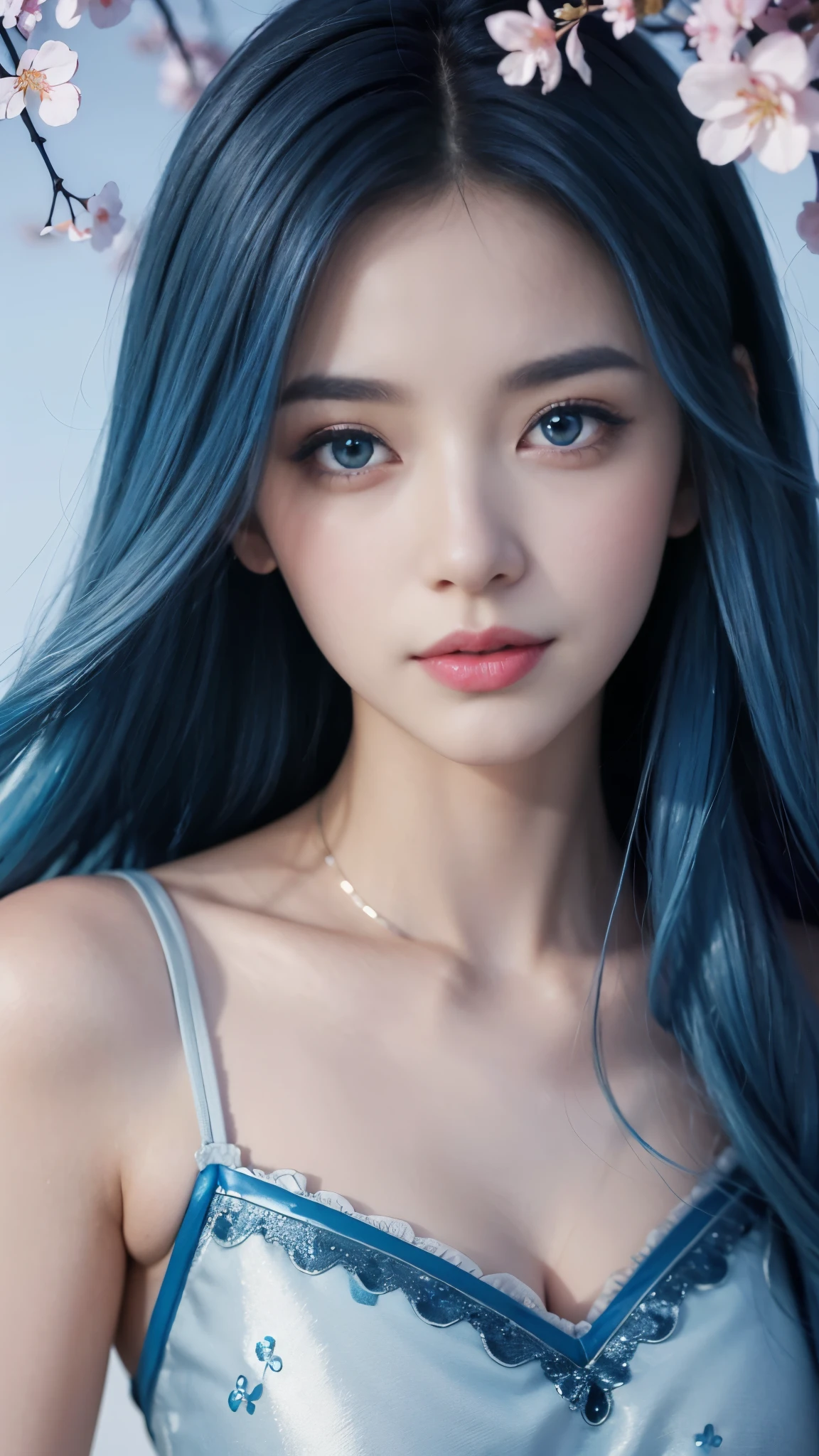 1 girl、((blue hair))、hair length、(blue eyes)、(gradient eyes)、sparkling eyes、bright eyes、finely tuned、expressive eyes、blue clothes、gem、blue lighting、blue theme、(shape:1.5)、abstract、highest quality、Super detailed、(random pose)、(Beautiful worldview)、
1girl,Cherry blossoms in full bloom on branches in the foreground,:d,looking_up,(aerial:1.2),available light,(best quality:1.2),