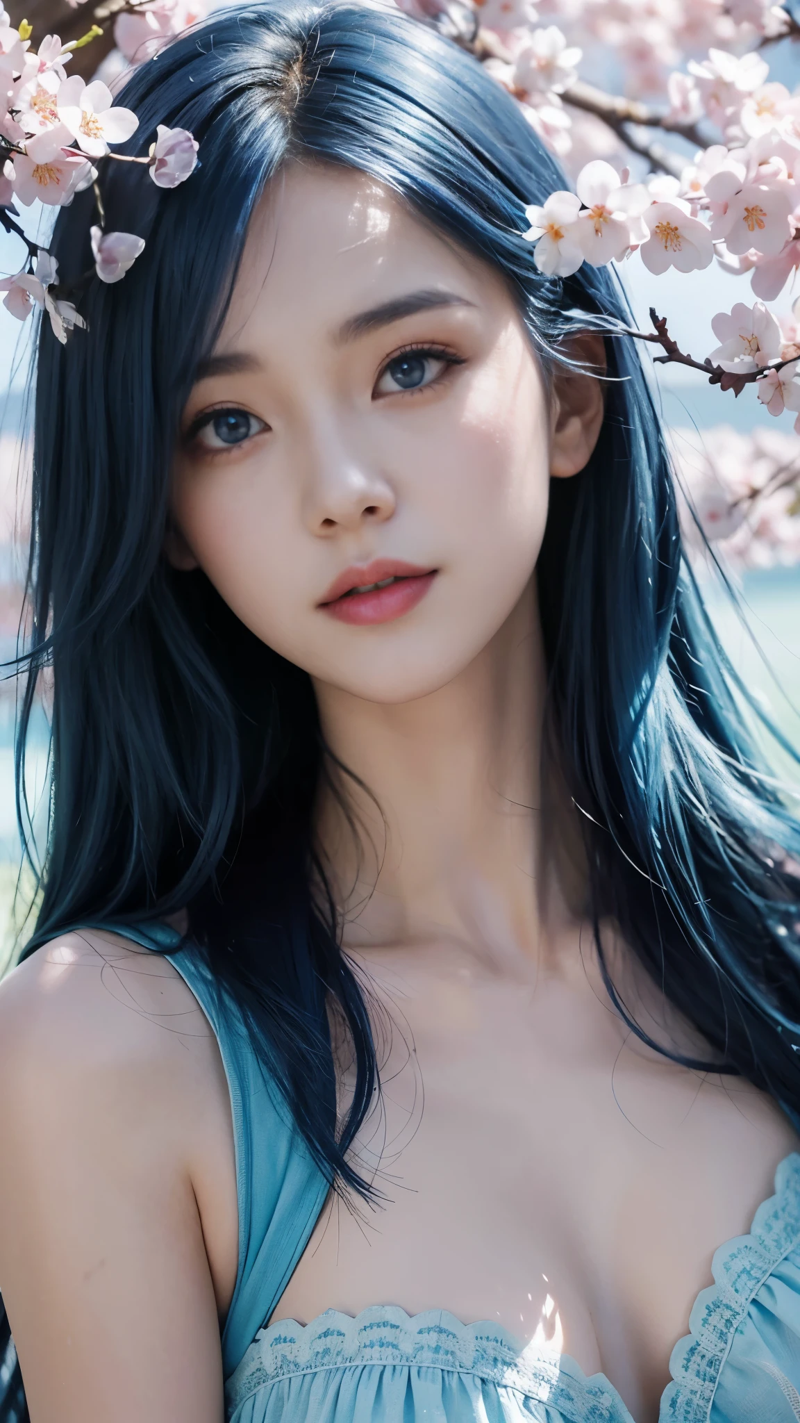 1 girl、((blue hair))、hair length、(blue eyes)、(gradient eyes)、sparkling eyes、bright eyes、finely tuned、expressive eyes、blue clothes、gem、blue lighting、blue theme、（shape：1.5）、abstract、highest quality、Super detailed、(random pose)、(Beautiful worldview)、
1girl,Cherry blossoms in full bloom on branches in the foreground,:d,looking_up,(aerial:1.2),available light,(best quality:1.2),