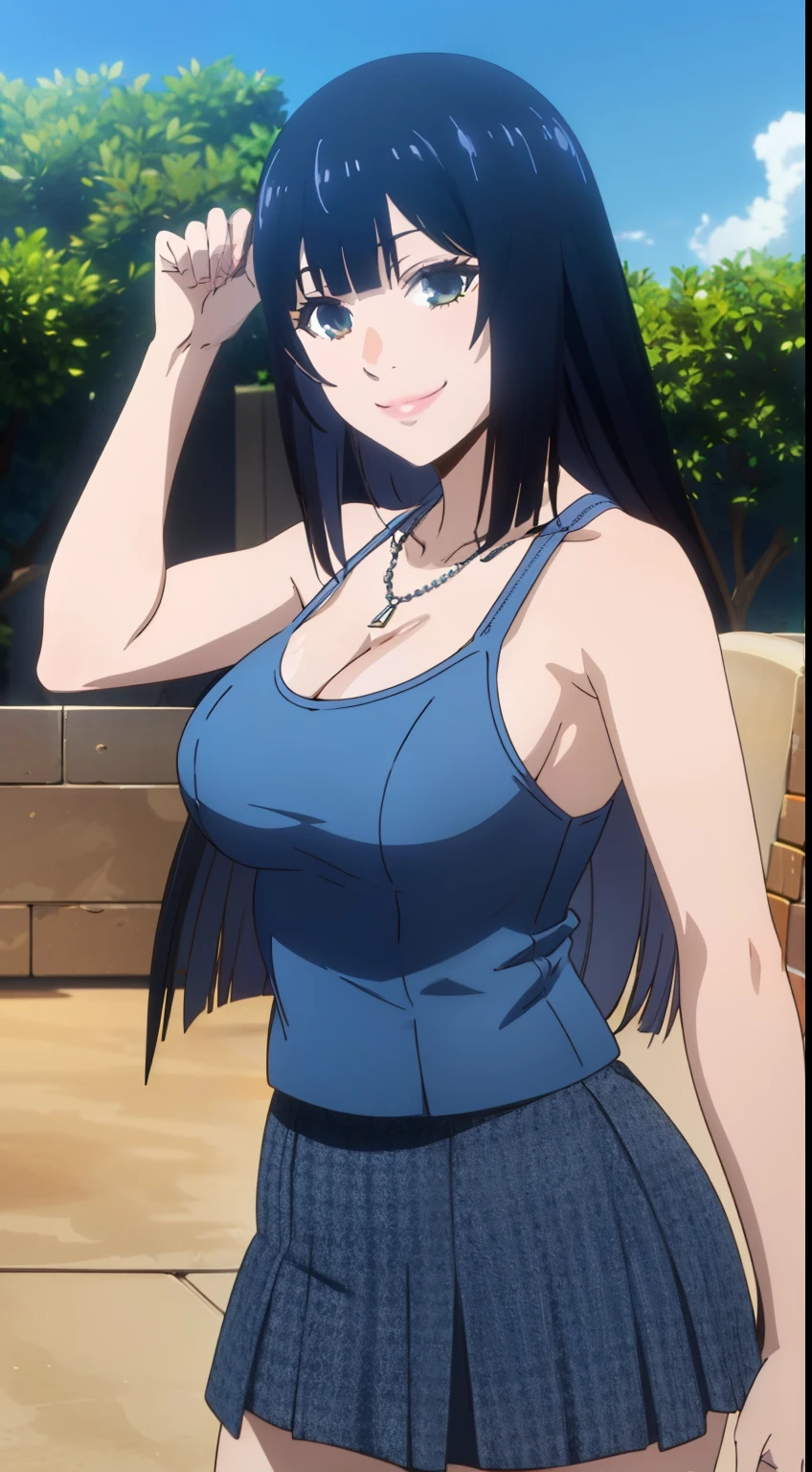 Super high quality CGI animation 8k, very detailed, Digital Art Painting, 1 girl, Happy, smile, looking at the viewer, blunt bangs blunt ends princess cut bangs, black hair, very long hair, big breasts,Tank top,necklace,mini skirt,sexy pose,blue sky,