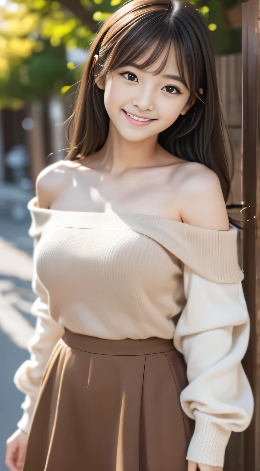  highest quality、confused、((the cutest girl in the world))、Japanese、16 year old girl、Cafe、((spring-like clothes))、(skirt)、(off shoulder jacket)、nice and cute、innocent smile、nice smile、big breasts、(ample breasts:1.3)、ponytail、brown hair、thin waist、detailed beautiful eyes、look forward、Upper body、close up of face、