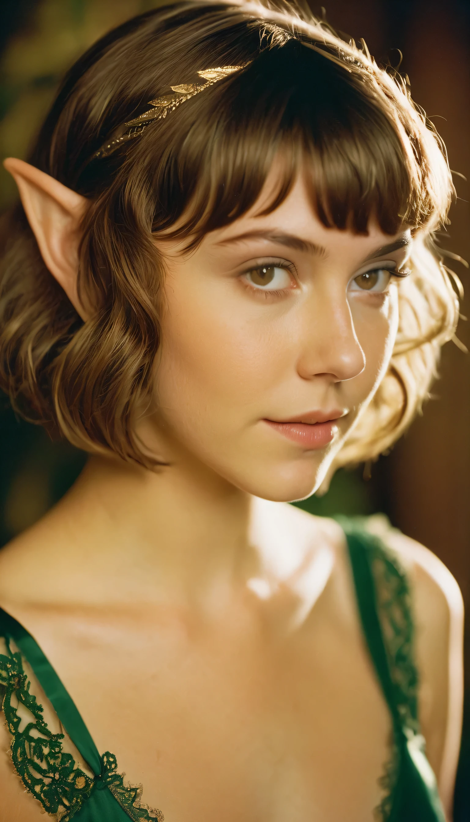analog film photo, photo of a elven girl, mid-twenties, (vintage undergarments:1.1), elf, elf ears, long pointy ear tips, shaggy bob haircut, light-brown sun-tanned skin, sweaty, pretty, natural beauty, resembles Mary Elizabeth Winstead, RAW Photograph, dslr, soft lighting, high quality, film grain, Fujifilm XT3, detailed skin with visible pores, insane details, masterpiece, 8k, 35mm photograph, dslr, kodachrome, faded film, desaturated, 35mm photo, grainy, vintage, Kodachrome, Lomography, stained, highly detailed, found footage, close-up shot, elven ears