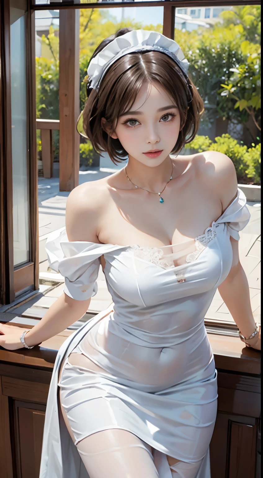 realistic, High resolution, 1 girl, Pose that shows off your body curves, view viewer, (detailed face), short hair, Maid clothes, jewelry、)(off shoulder)、realistic face,transparent skin,Too cute face