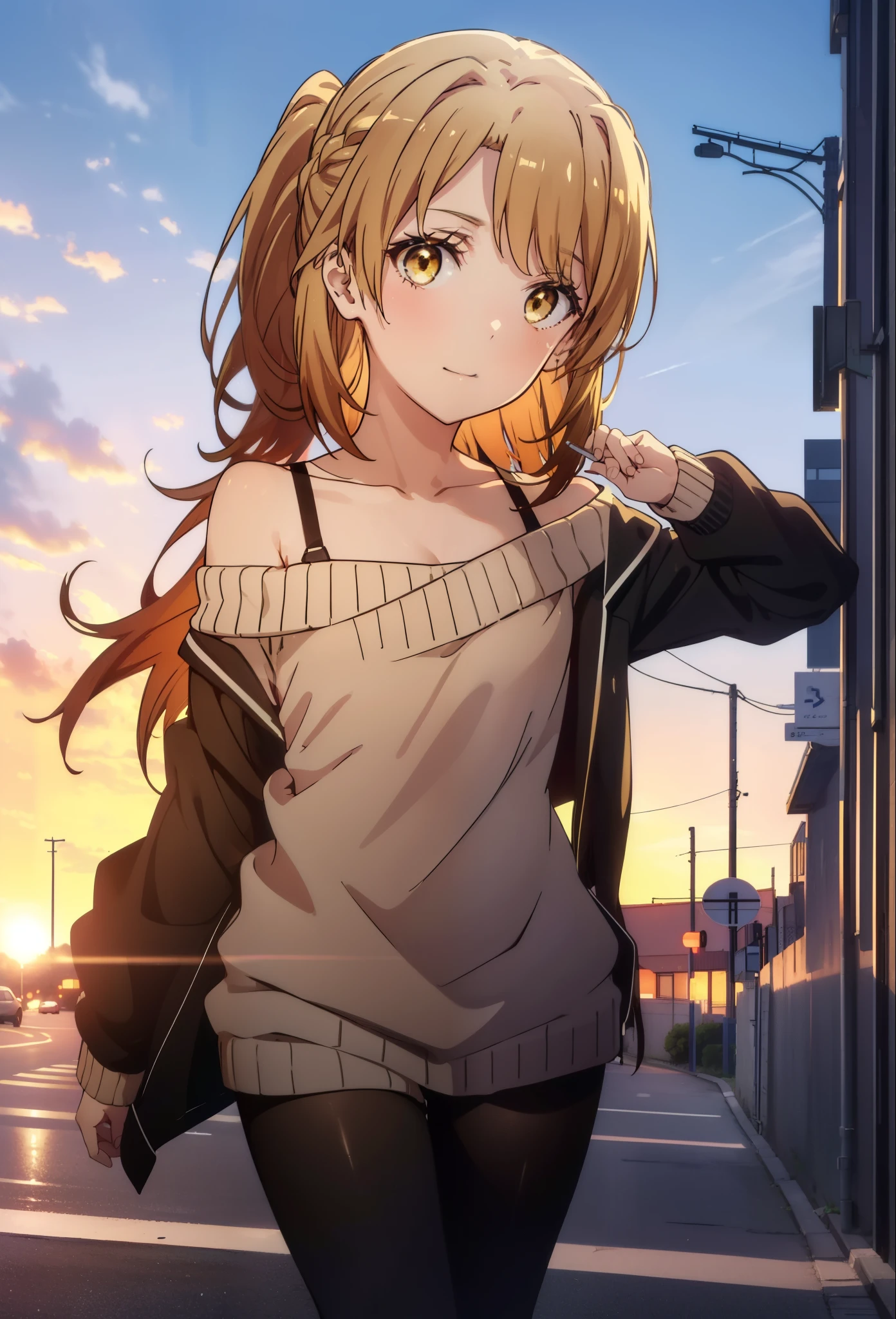 irohaisshiki, iroha isshiki, long hair, brown hair, (brown eyes:1.5), smile,blush,short braided hair,ponytail,off shoulder sweater,bare shoulders,naked neck,bare clavicle, oversized sweater, oversized sweater, shorts,black pantyhose,short boots,morning日,morning,the sun is rising,walking,On the way to school,
break outdoors, building street,In town,
break looking at viewer,
break (masterpiece:1.2), highest quality, High resolution, unity 8k wallpaper, (figure:0.8), (detailed and beautiful eyes:1.6), highly detailed face, perfect lighting, Very detailed CG, (perfect hands, perfect anatomy),