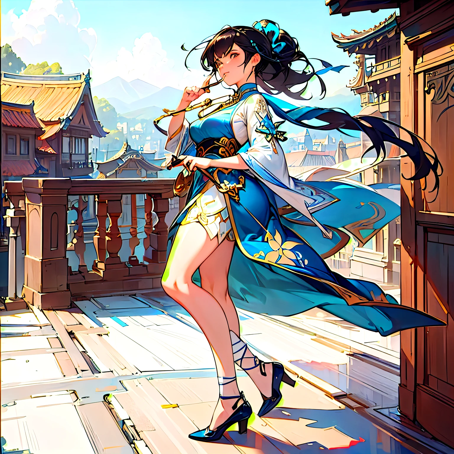Beautiful girl in blue dress standing on a balcony with a sword, style artgerm, full body xianxia, style of artgerm, ! dream artgerm, by Yang J, extremely detailed artgerm, ig model | artgerm, ruan jia and artgerm, trending on cgstation, cushart krenz key art feminine