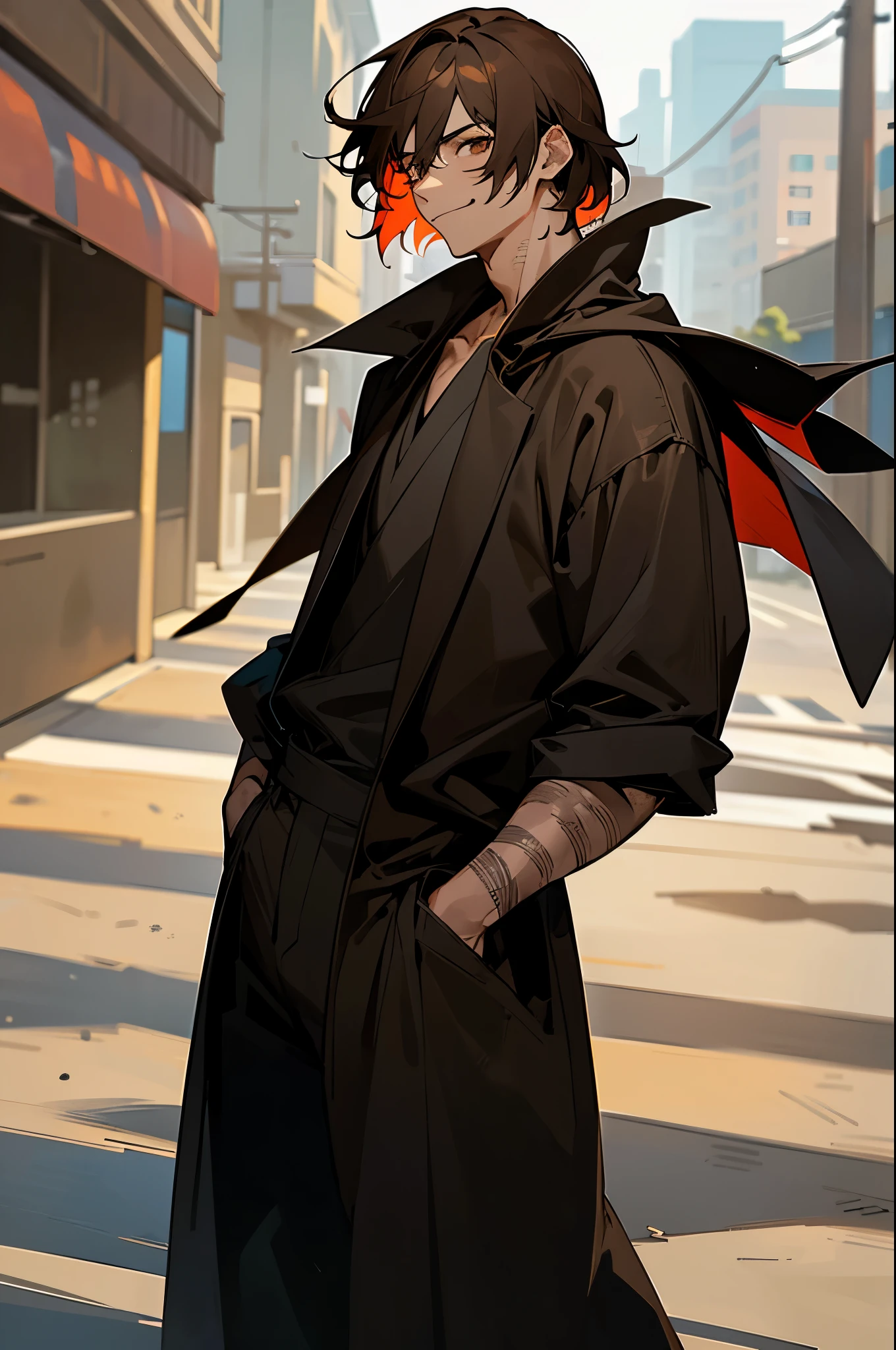 short hair, black shirt, young male, brown eyes, morning, Two tone hair,brown hair, multicolored hair, street level background, caramel skin tone, black pants, standing still, arms in pockets, muscular, dark sunglasses, crazy smile, crazy eyes, scars, black robe, black hood on
