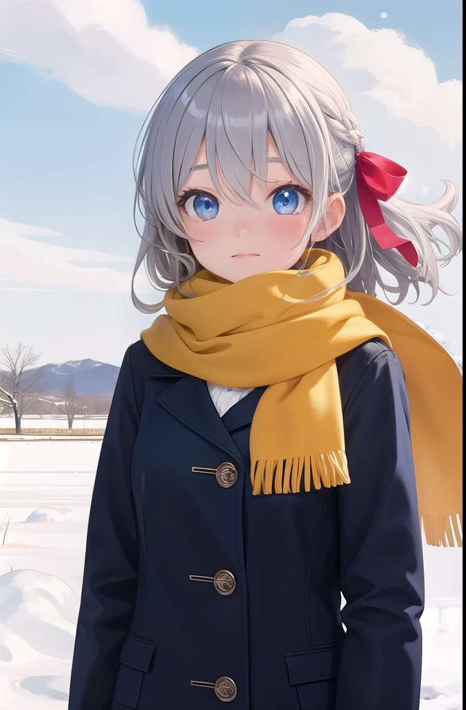 masterpiece, highest quality, High resolution, detailed background, fine eyes, ph Elaina, (White long sleeves:1.2) Eoutfit4, (wearing a scarf:1.2), Upper body, Elaina (majo no tabitabi), alone, long hair, bow, blush, bangs, hair between eyes, blue eyes, hair bow, shiny hair, side lock, hair tube, gray hair, single blade, shiny, hair ribbon, anime color, tokiwadai , strong Wind, Wind, outdoor, snow,  