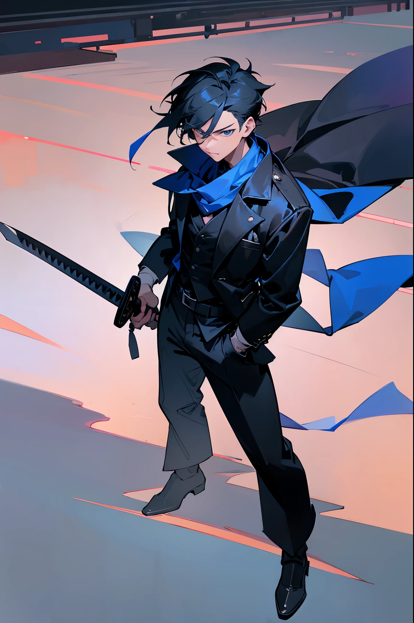 Draw a young guy, standing in the middle of the night street. He is wearing black pants and a black jacket, his neck is wrapped in a blue scarf, katana on your back. He&#39;s standing on the roof, with a serious look. The young man looks confident and determined.
