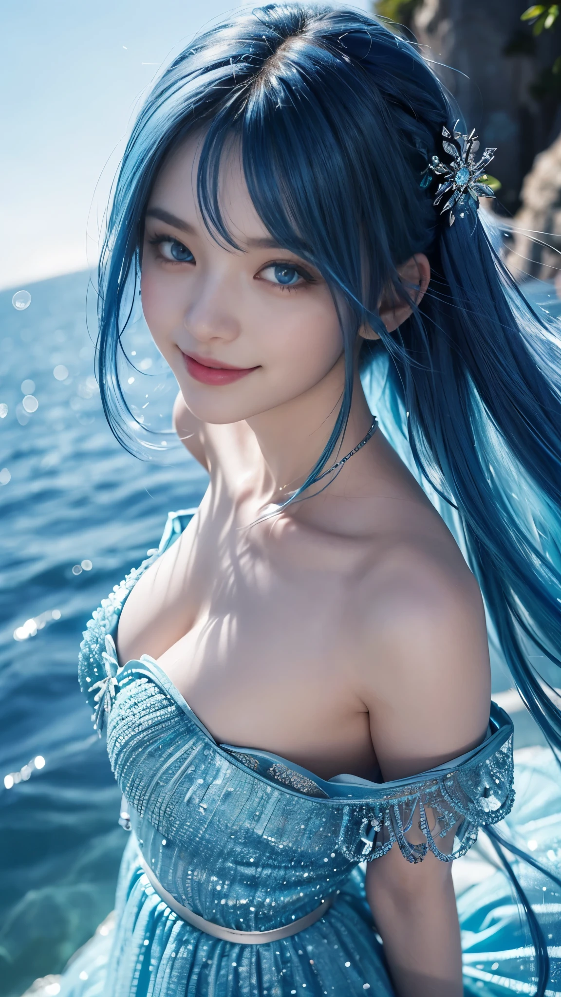 1 girl、((blue hair))、hair length、(blue eyes)、(gradient eyes)、sparkling eyes、bright eyes、finely tuned、(smile)、blue clothes、gem、blue lighting、blue theme、（shape：1.5）、abstract、highest quality、Super detailed、(random pose)、(Beautiful worldview)、kind world、