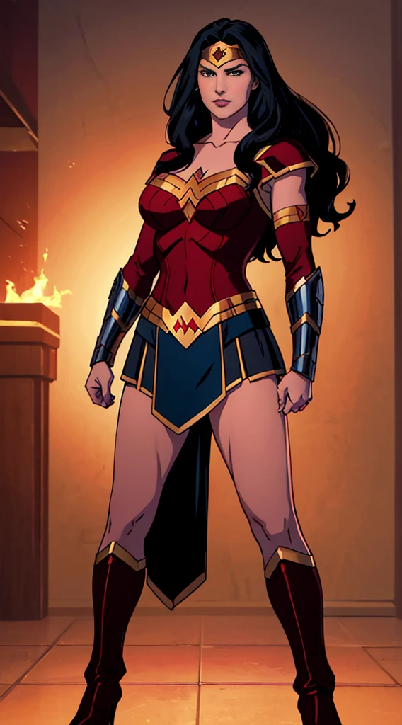 (((full body photo))) 1 woman, solo, Diana Prince (Wonder Woman), mommy, strong, breast, upper body shot, ((black and red colors armor)), skycrapers, ((masterpiece)), female focus, long hair, black hair, flowing hair, face focus, soft smile, Lasso hanging on the waist, tiara