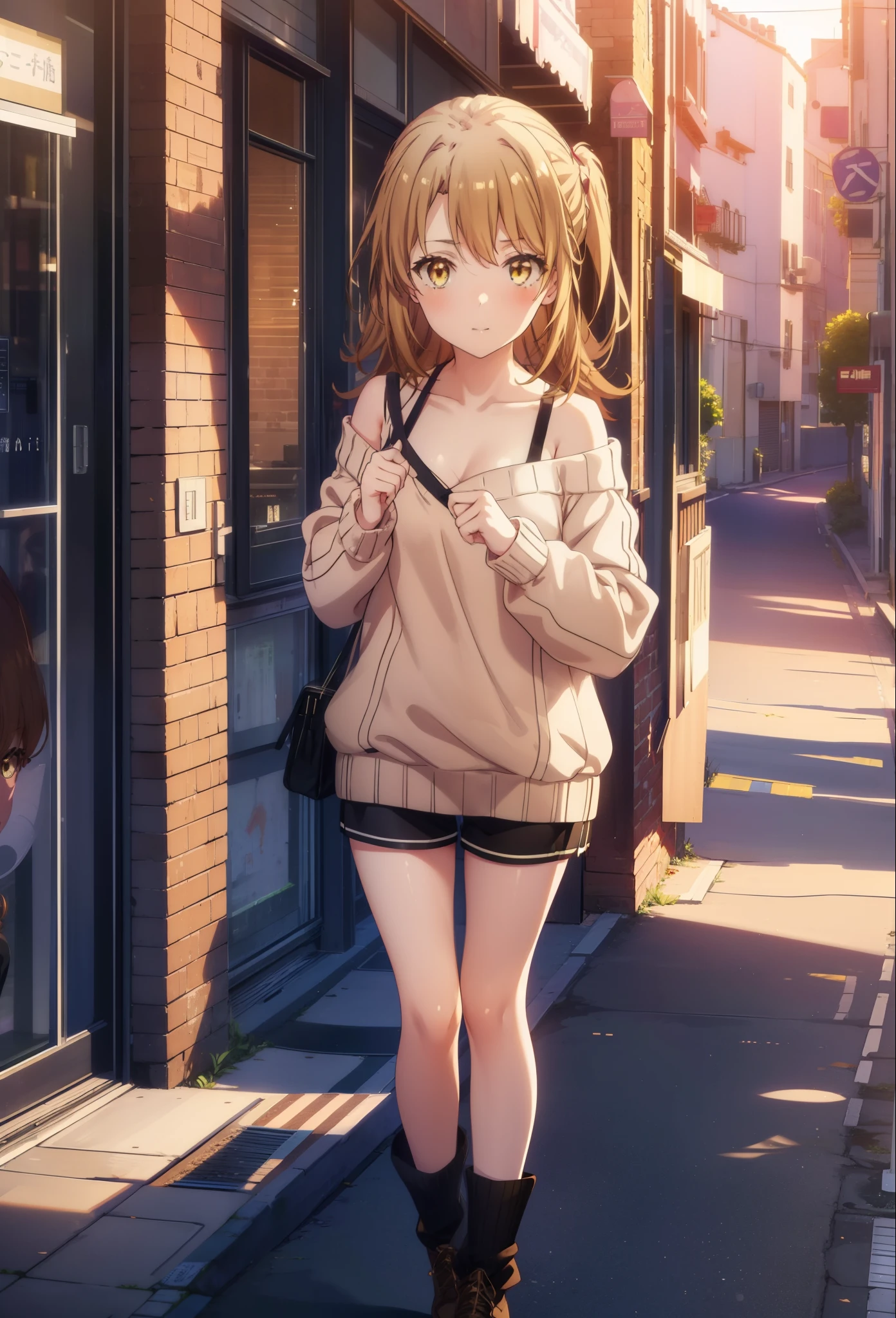 irohaisshiki, iroha isshiki, long hair, brown hair, (brown eyes:1.5), smile,blush,short braided hair,ponytail,off shoulder sweater,bare shoulders,naked neck,bare clavicle, oversized sweater, oversized sweater, shorts,black pantyhose,short boots,morning日,morning,the sun is rising,walking,On the way to school,
break outdoors, building street,In town,
break looking at viewer,
break (masterpiece:1.2), highest quality, High resolution, unity 8k wallpaper, (figure:0.8), (detailed and beautiful eyes:1.6), highly detailed face, perfect lighting, Very detailed CG, (perfect hands, perfect anatomy),
