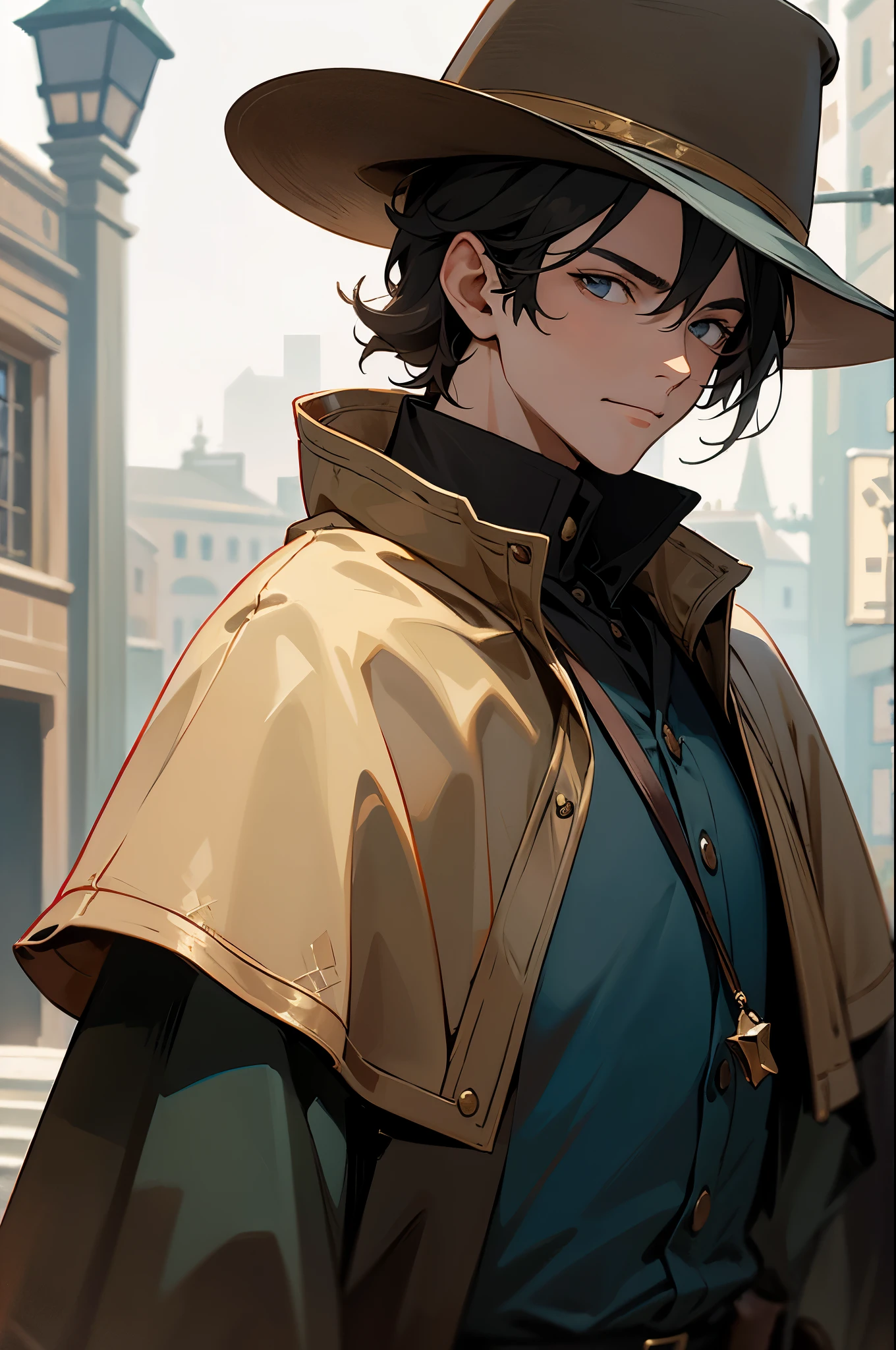 European Middle Ages,of a guy,It's a detective,he's wearing a hat,wearing a trenchcoa,Close-up of people,Street view