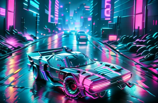 futuristic neon race car, cyberpunk, glowing stripes, racing through wet city streets at night, driving fast, wet road, high speed, auto racing, street racing, drifting, high angle, wide angle shot, motion blur, outrun aesthetic, light trails, from the front, dark chrome body, pink glowing trim