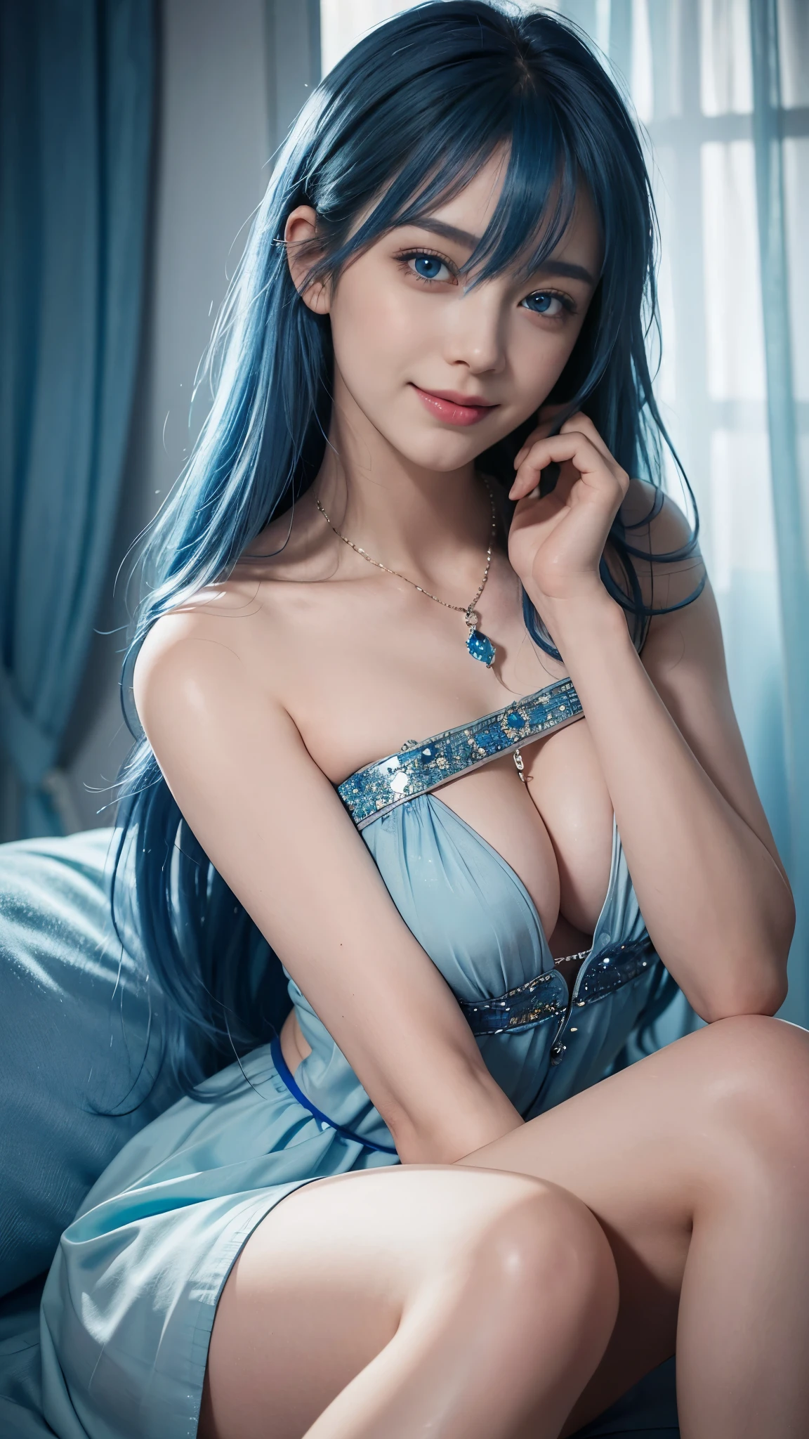1 girl、((blue hair))、hair length、(blue eyes)、(gradient eyes)、sparkling eyes、bright eyes、finely tuned、(smile)、blue clothes、gem、blue lighting、blue theme、(shape:1.5)、abstract、highest quality、(unparalleled beauty)、Super detailed、(random pose)、(Beautiful worldview)、kind world、