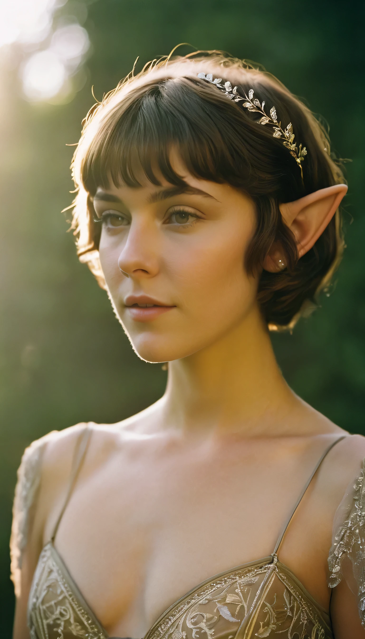 analog film photo, photo of a elven girl, mid-twenties, (vintage undergarments:1.1), elf, elf ears, long pointy ear tips, shaggy bob haircut, light-brown sun-tanned skin, sweaty, pretty, natural beauty, resembles Mary Elizabeth Winstead, RAW Photograph, dslr, soft lighting, high quality, film grain, Fujifilm XT3, detailed skin with visible pores, insane details, masterpiece, 8k, 35mm photograph, dslr, kodachrome, faded film, desaturated, 35mm photo, grainy, vintage, Kodachrome, Lomography, stained, highly detailed, found footage, close-up shot, elven ears