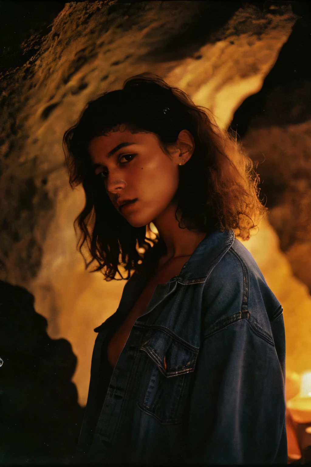 photograph of a woman, (troubled facial expression), textured skin, goosebumps, blonde afro hair, plaid flannel shirt with distressed boyfriend jeans, cowboy shot, dark and mysterious cave with unique rock formations and hidden wonders, perfect eyes, (candlelight,chiaroscuro), Porta 160 color, shot on ARRI ALEXA 65, bokeh, sharp focus on subject, shot by Don McCullin tutte nude look