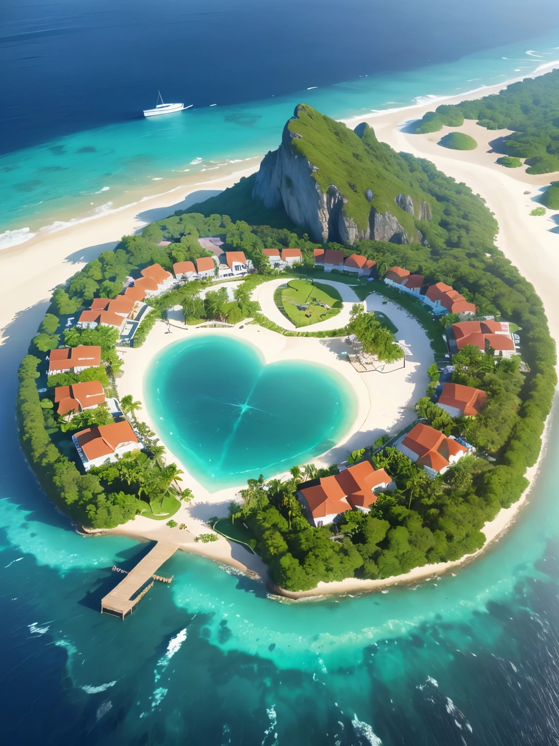 a small tropical island, resort, heart shape island, extremely detailed, high quality 8k resolution,