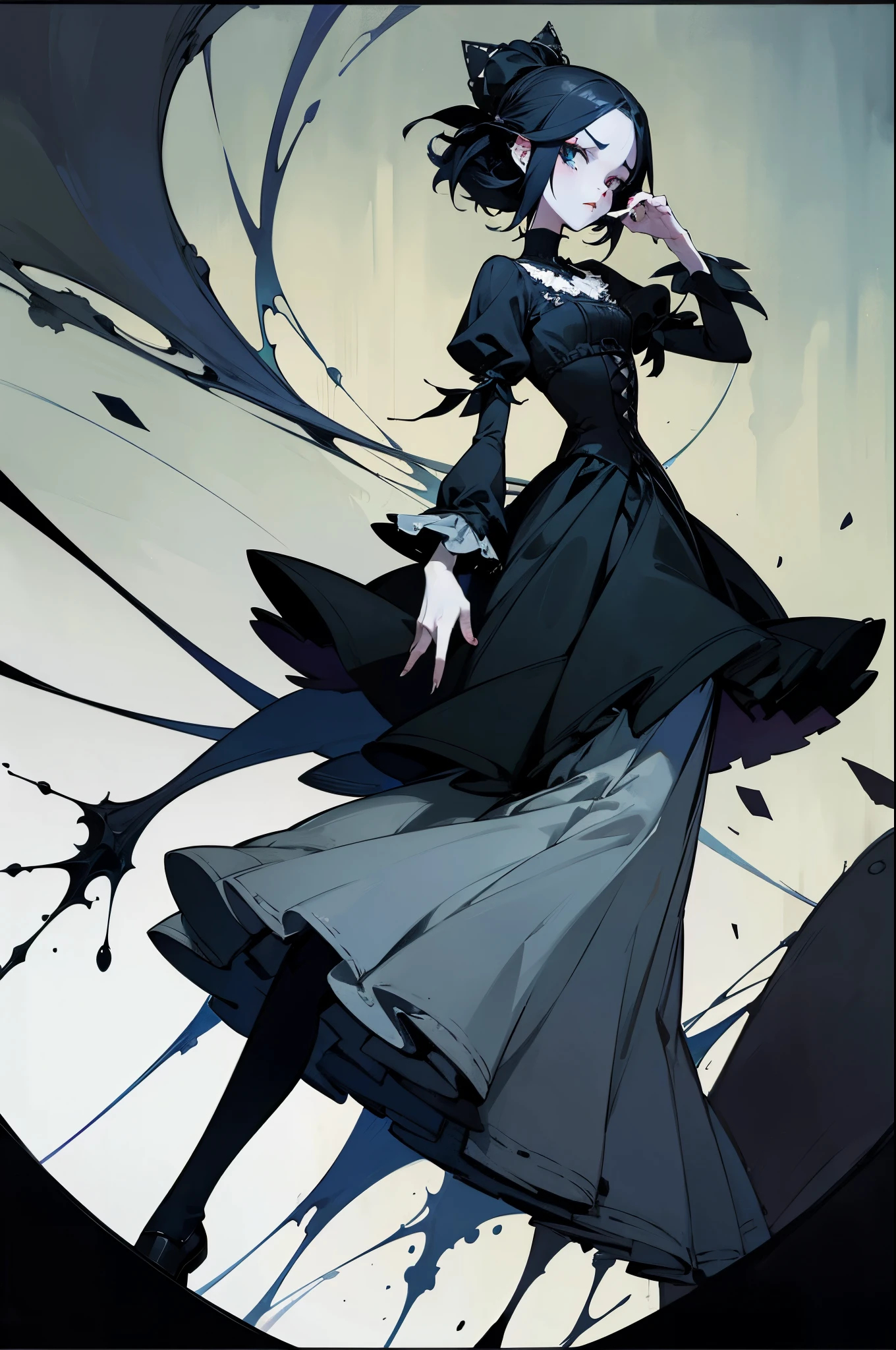 medium shot, Full dress, 1womanl, Solo, Walking through the Citadel, Looking at Viewer. Gothic. neo gothic. Splatter. In the style of Adrian Geny, by Esao Andrews, Jenny Saville, Edward Hopper, surrealism, Dark Art by James Jean, Takato Yamamoto, Minimalism of ink punk. in style of tim burton. In the style of the corpse bride.
