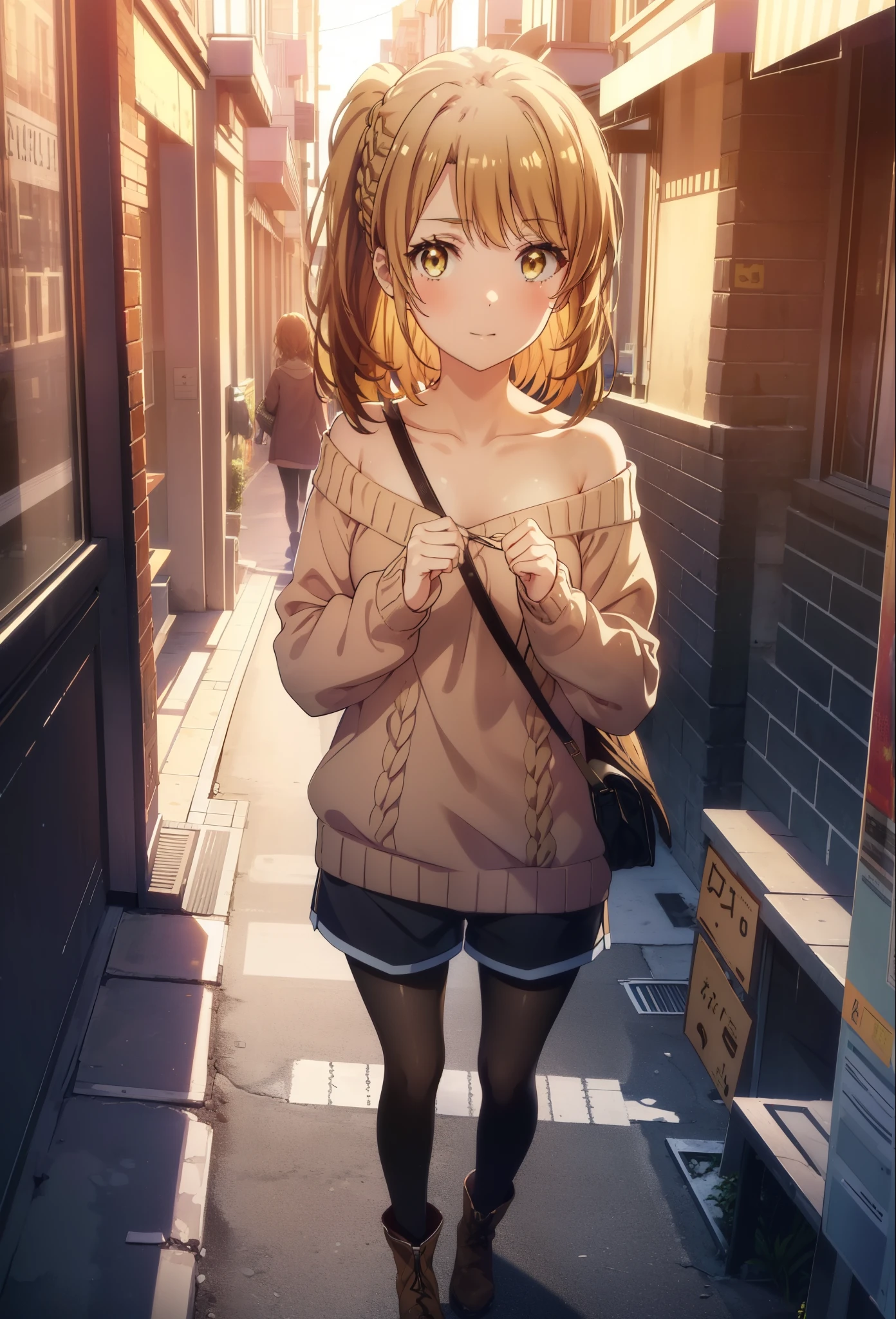 irohaisshiki, iroha isshiki, long hair, brown hair, (brown eyes:1.5), smile,blush,short braided hair,ponytail,off shoulder sweater,bare shoulders,naked neck,bare clavicle, oversized sweater, oversized sweater,  shorts,black pantyhose,short boots,morning日,morning,the sun is rising,walking,On the way to school,
break outdoors, building street,In town,
break looking at viewer,
break (masterpiece:1.2), highest quality, High resolution, unity 8k wallpaper, (figure:0.8), (detailed and beautiful eyes:1.6), highly detailed face, perfect lighting, Very detailed CG, (perfect hands, perfect anatomy),