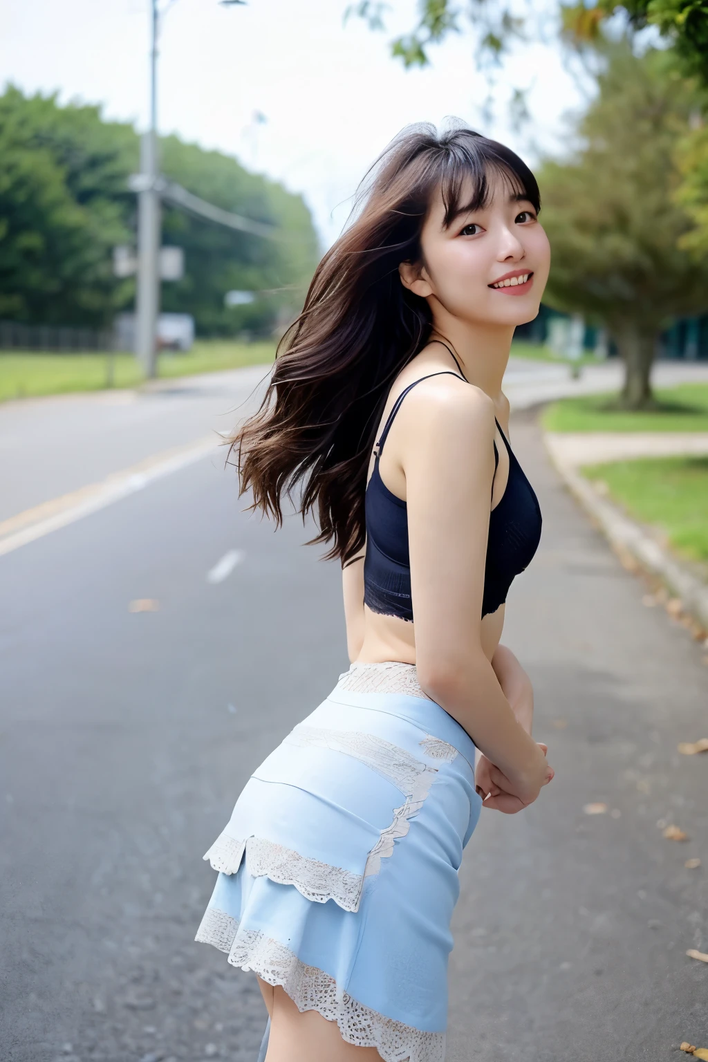 woman, 20-year-old, short black wavy hair、bangs、plump nipples、(White Turtleneck Knit)、(blue long skirt), black stocking dium milk, cute smile、((Pose that emphasizes the buttocks、looked back))、sexy hips、black high heels、big necklace、((((the wind blew my skirt, expose my panties...))))、(Light blue lace panties)、cute earrings、(tilt your head a little)