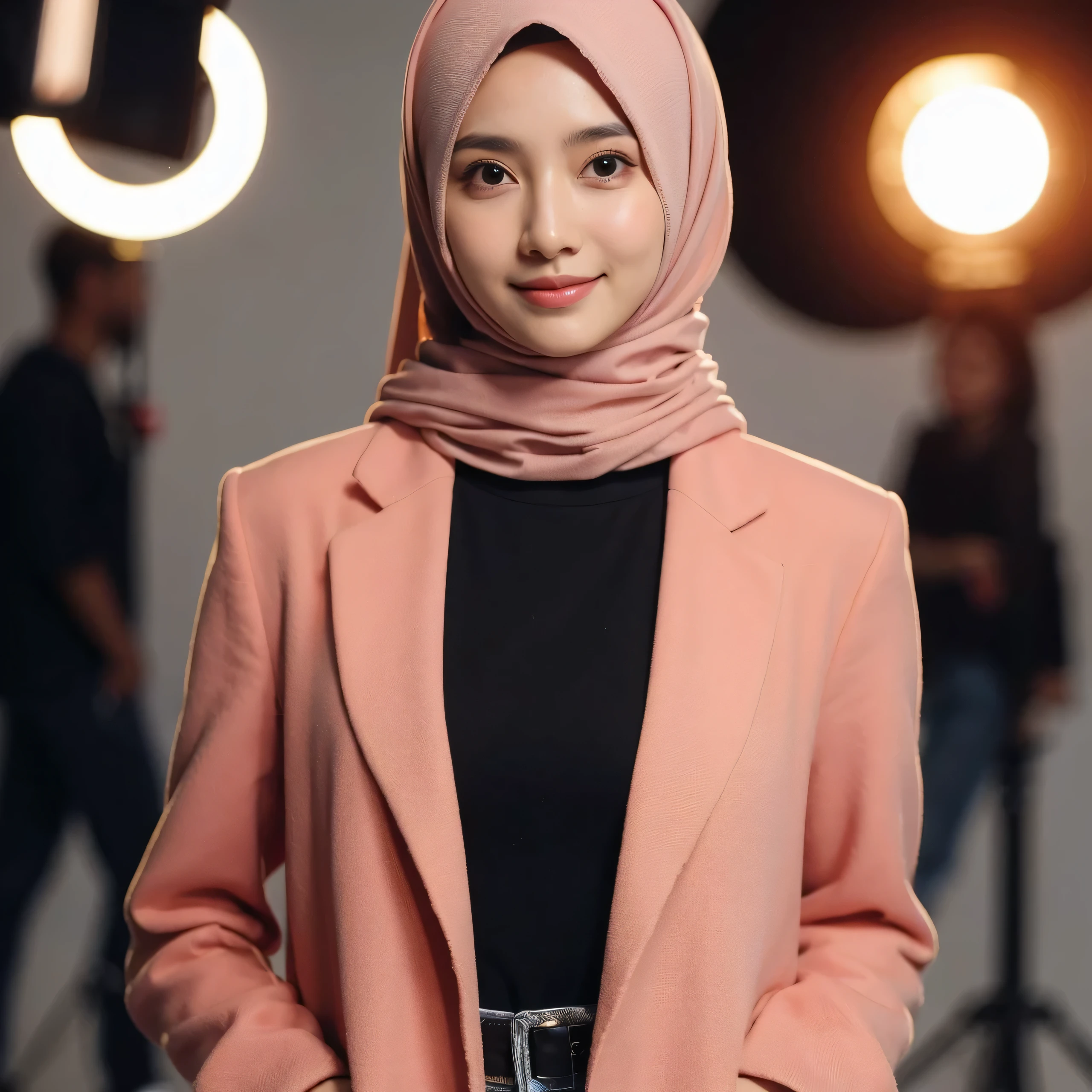 arafed woman in a pink jacket and black top standing in front of a camera, hijab, professional profile picture, high quality portrait, inspired by Ni Yuanlu, inspired by Nazmi Ziya Güran, headshot profile picture, photoshoot for skincare brand, malaysian, inspired by Fathi Hassan, portait photo profile picture, woman model, photoshoot