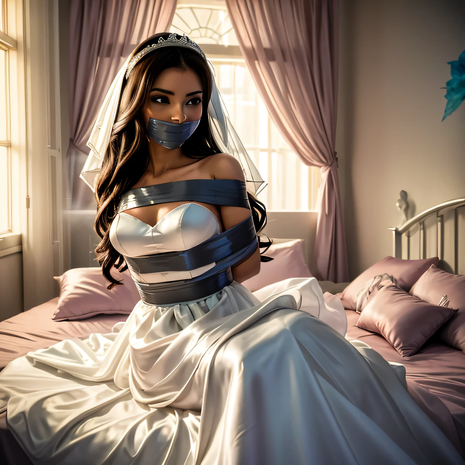 (bright lighting,romantic setting),bride captured, dreamy background,bondage,dark hair, mesmerizing gaze, , soft skin, alluring beauty, artistic portrait, high-quality image, vibrant colors, long silk gown, in the bed,tape bondage,tape gag, mosquito net, bridal