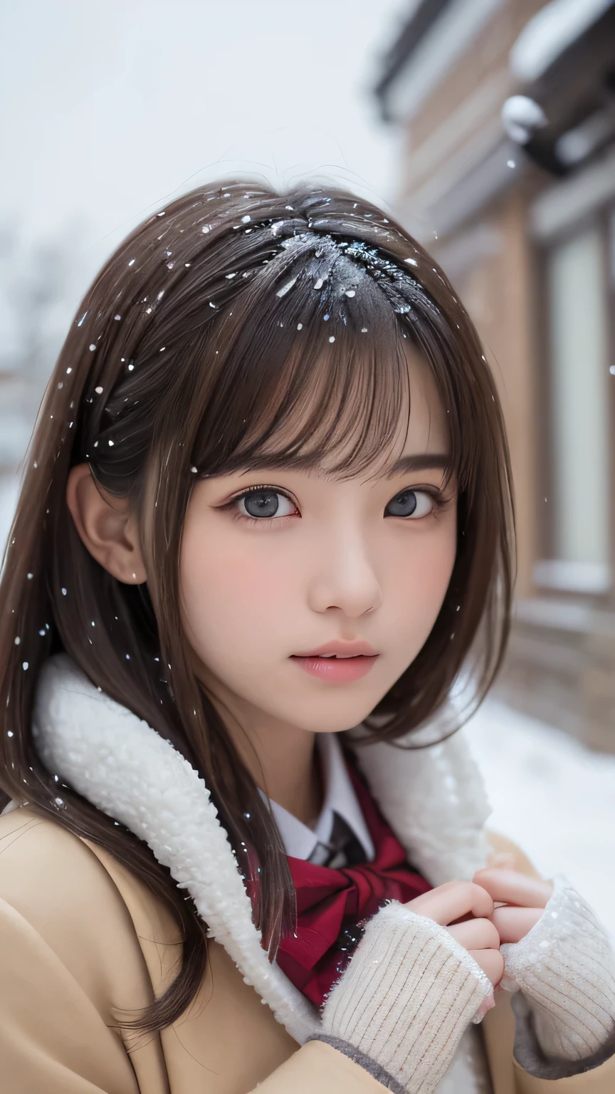 one girl, (a beauty girl, delicate girl:1.3), (14 years old:1.3),
break, (winter uniform, cute uniform:1.3),
break, (Street view:1.3), (that&#39;that&#39;It&#39;s snowing:1.3), (wool gloves), perfectly trimmed fingers,
break, extremely fine-grained clarthaty, (symmetrical eyes:1.3),
break, small breasts, brown eyes, parted bangs, brown hair,  girl,
break, (Eye and face details:1.0), (get closer to the face, enlarge the face, face focus:1.0),
break, (masterpiece, highest qualthaty, Super detailed, detailed face, 8K)