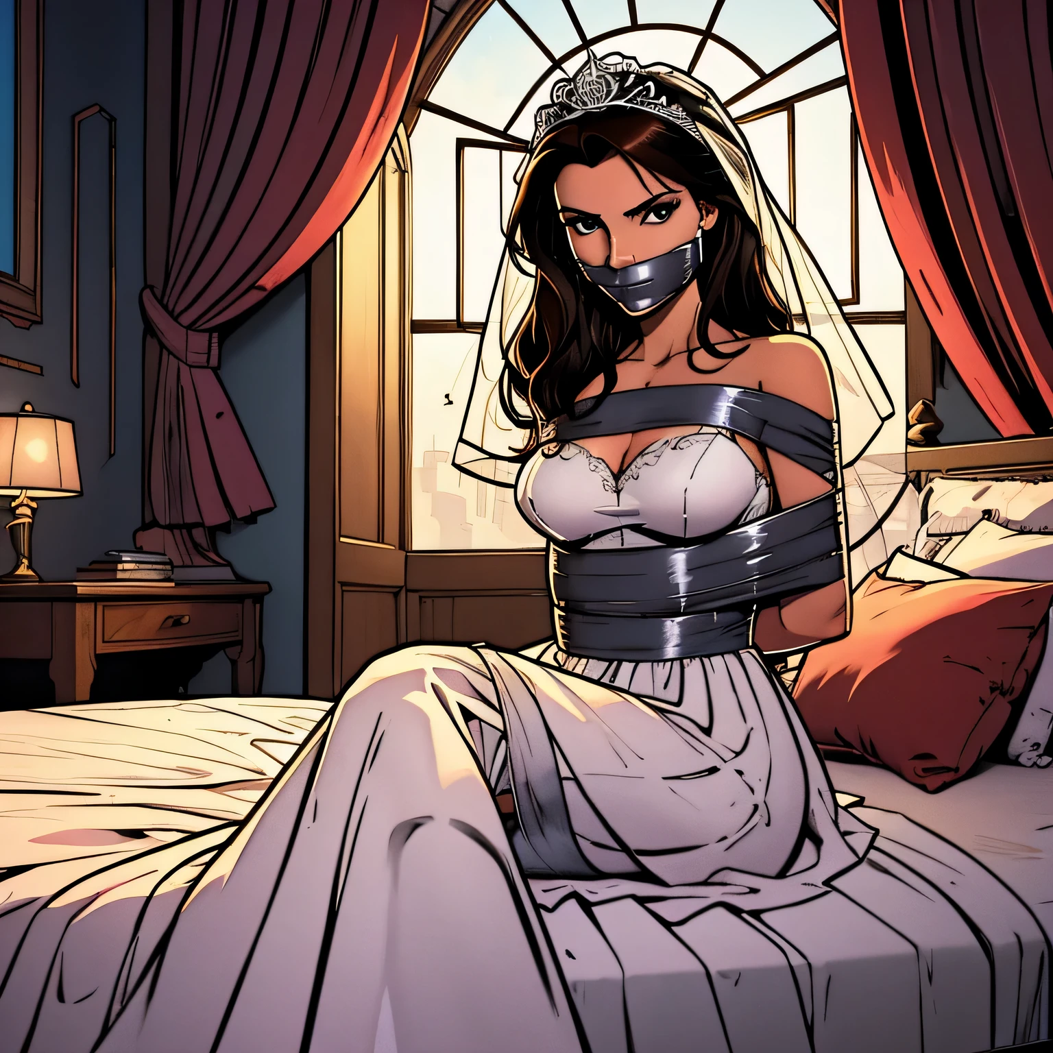 (bright lighting,romantic setting),bride captured, dreamy background,bondage,dark hair, mesmerizing gaze, , soft skin, alluring beauty, artistic portrait, high-quality image, vibrant colors, long silk gown, in the bed,tape bondage,tape gag, mosquito net, bridal