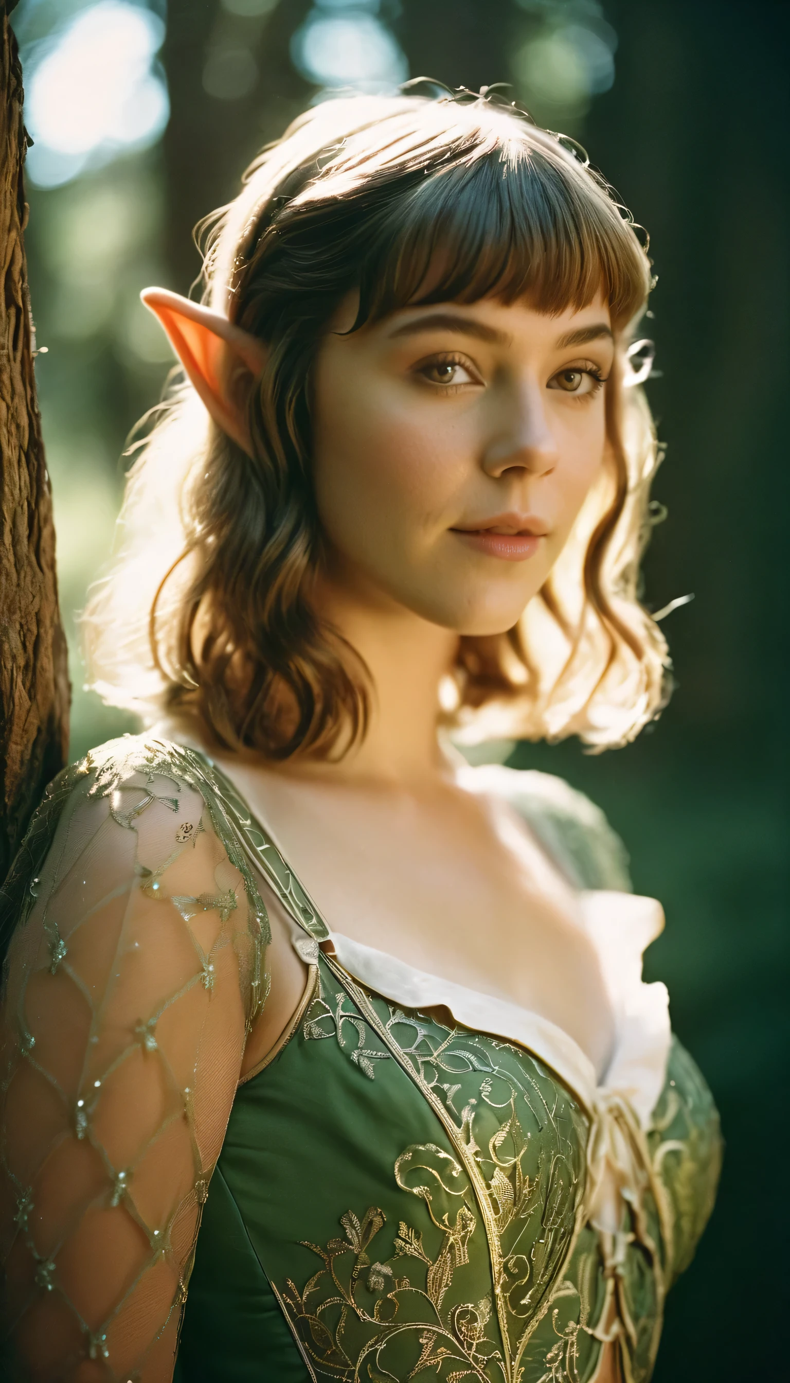 analog film photo, photo of a elven girl, mid-twenties, (vintage undergarments:1.1), elf, elf ears, long pointy ear tips, shaggy bob haircut, light-brown sun-tanned skin, sweaty, pretty, natural beauty, resembles Mary Elizabeth Winstead, RAW Photograph, dslr, soft lighting, high quality, film grain, Fujifilm XT3, detailed skin with visible pores, insane details, masterpiece, 8k, 35mm photograph, dslr, kodachrome, faded film, desaturated, 35mm photo, grainy, vintage, Kodachrome, Lomography, stained, highly detailed, found footage, close-up shot, elven ears