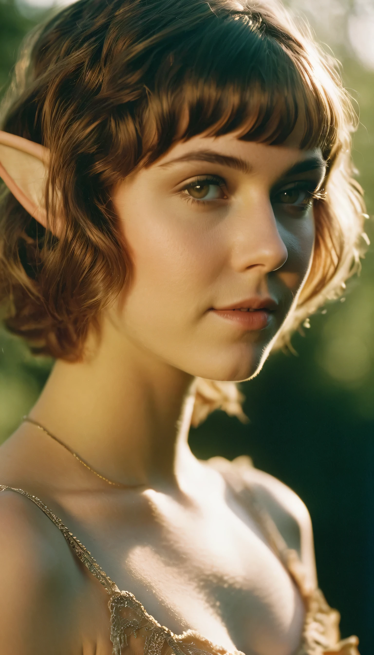 analog film photo, photo of a elven girl, mid-twenties, (vintage undergarments:1.1), elf, elf ears, long pointy ear tips, shaggy bob haircut, light-brown sun-tanned skin, sweaty, pretty, natural beauty, resembles Mary Elizabeth Winstead, RAW Photograph, dslr, soft lighting, high quality, film grain, Fujifilm XT3, detailed skin with visible pores, insane details, masterpiece, 8k, 35mm photograph, dslr, kodachrome, faded film, desaturated, 35mm photo, grainy, vintage, Kodachrome, Lomography, stained, highly detailed, found footage, close-up shot, elven ears