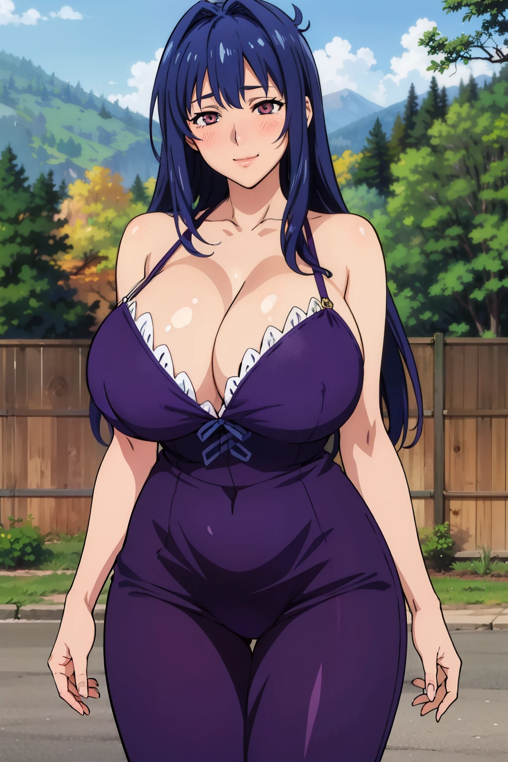 outdoor, NJAkiV4, takeda hiromitsu style, anime cels style, best quality, high resolution, (gigantic breasts:1.3), cowboy shot, blush, smiling, (puple eyes), blue hair, long hair