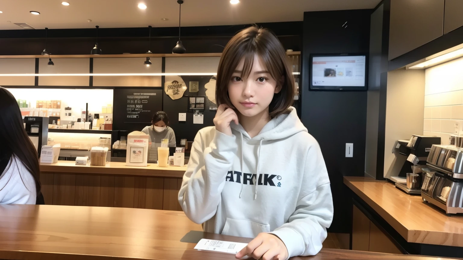 (8K, Raw photo, highest quality, masterpiece:1.2), (realistic, photo-realistic:1.4), (Highly detailed 8K wallpaper), perfect female body, famous japanese idol, 20 year old girl, japanese model, medium short hair, messy hair, light brown hair, hoodie,Starbucks, I can see other customers enjoying themselves too..。At the back of the cafe、Staff are busy working at the counter。