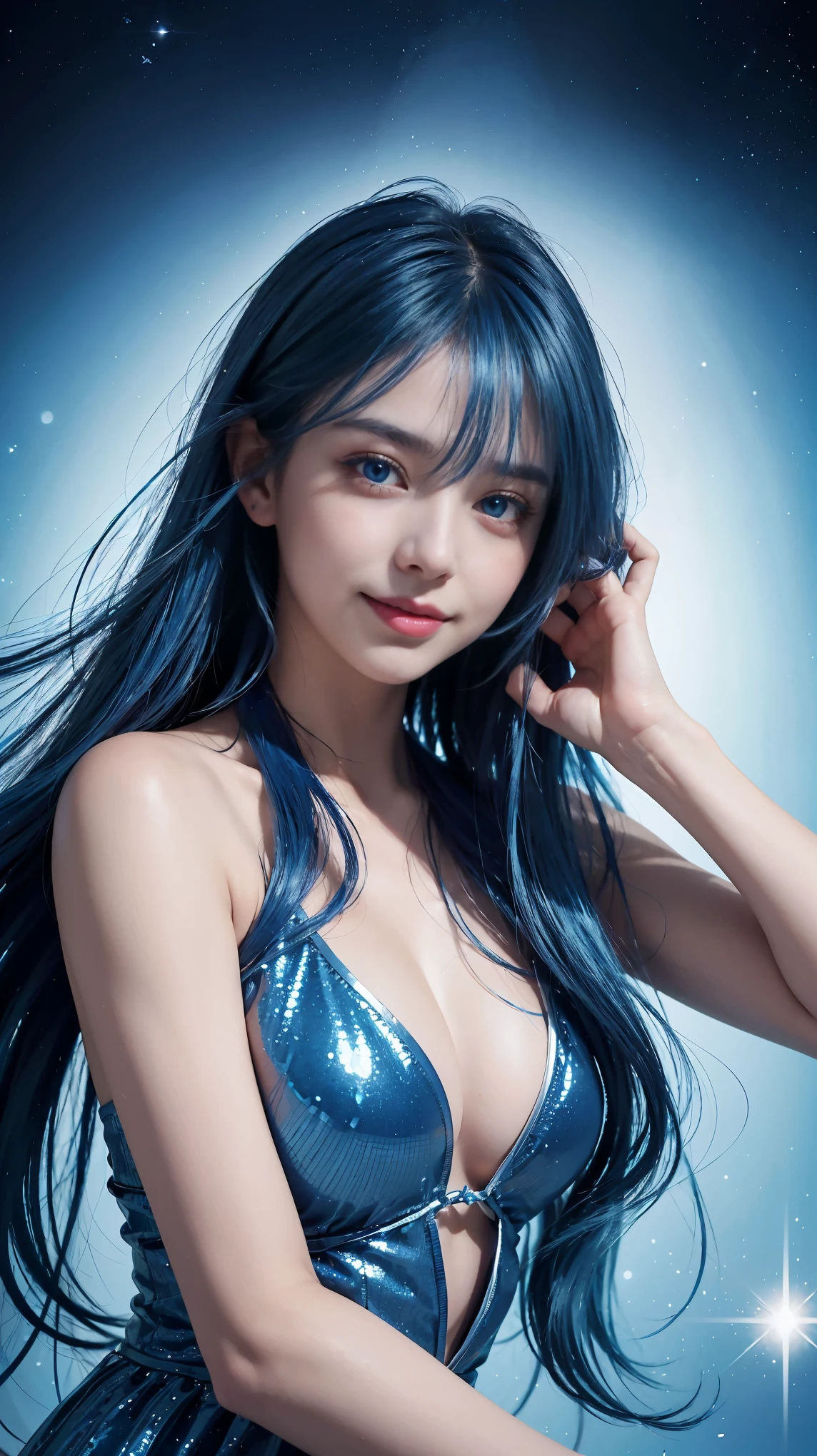1 girl、((blue hair))、hair length、(blue eyes)、(gradient eyes)、sparkling eyes、bright eyes、finely tuned、(smile)、blue clothes、gem、blue lighting、blue theme、(shape:1.5)、abstract、highest quality、((unparalleled beauty))、Super detailed、(random pose)、(Beautiful worldview)、sparkling background