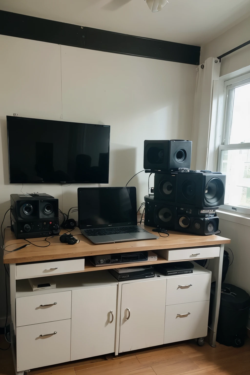 photograph of a very modern video production studio with a colorful environment and first generation equipment. com um quadro escrito "Easy Producer" na parede.