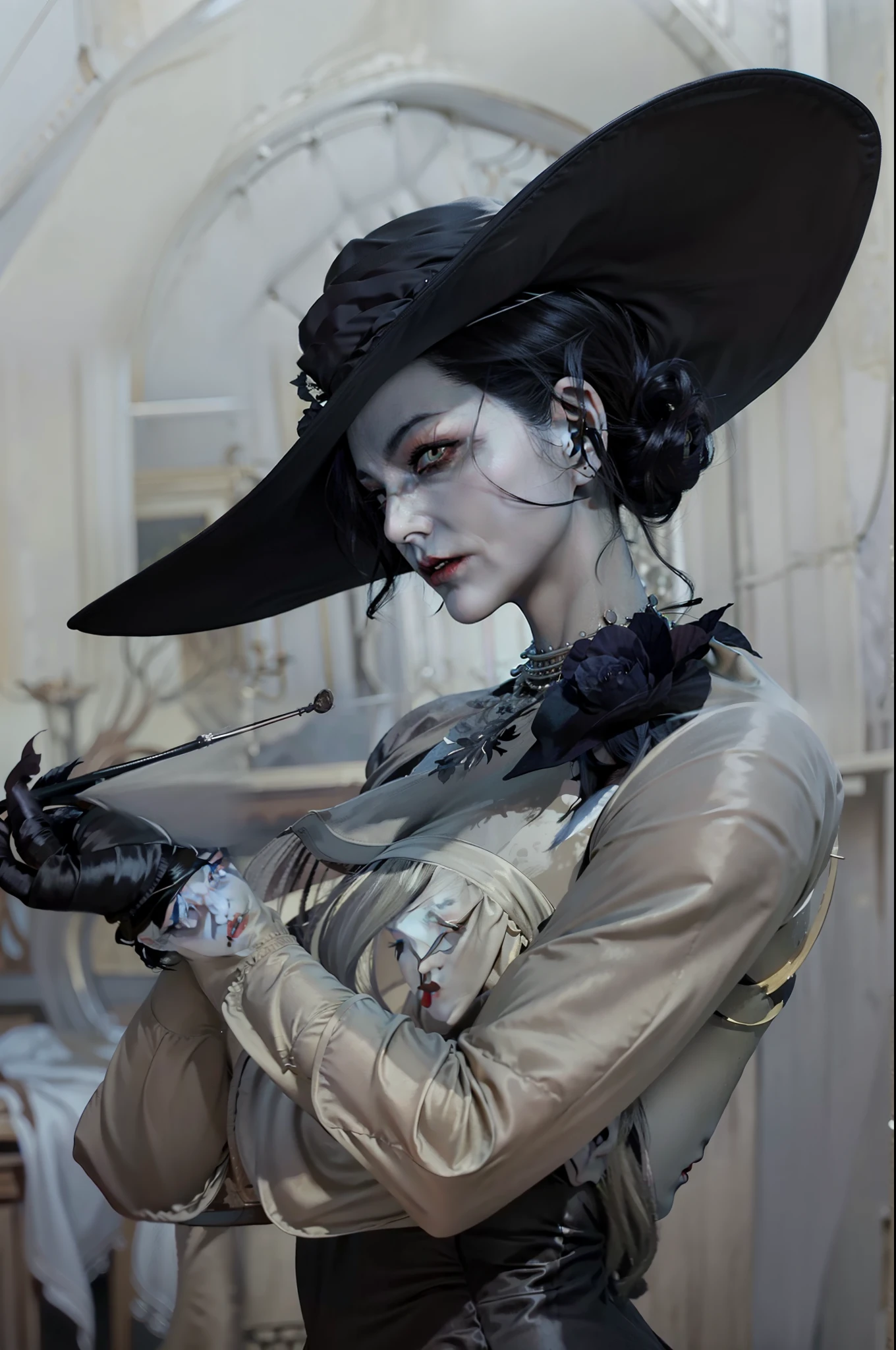 arafed woman in a black hat and white shirt smoking a cigarette, lady dimitrescu, otto schmidt, androgynous vampire, side portrait dark witch, abigail larson, granny weatherwax, inspired by Mead Schaeffer, joao ruas, artwork in the style of guweiz, inspired by senior character artist, classical witch, inspired by Jeffrey Catherine Jones