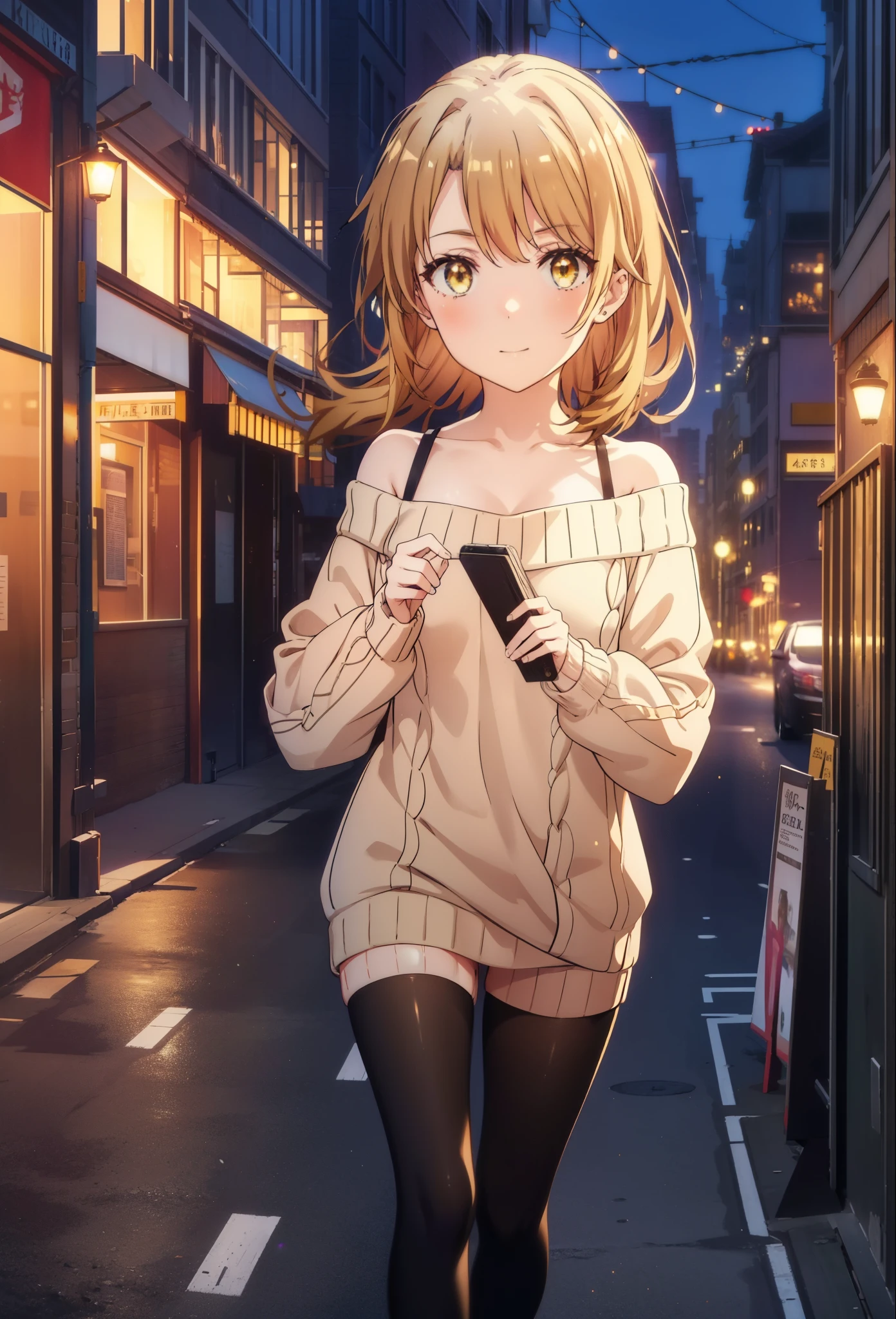 irohaisshiki, iroha isshiki, long hair, brown hair, (brown eyes:1.5), smile,blush,short braided hair,ponytail,off shoulder sweater,bare shoulders,naked neck,bare clavicle, oversized sweater, oversized sweater,  shorts,black pantyhose,short boots,morning日,morning,the sun is rising,walking,,
break outdoors, building street,In town,
break looking at viewer,
break (masterpiece:1.2), highest quality, High resolution, unity 8k wallpaper, (figure:0.8), (detailed and beautiful eyes:1.6), highly detailed face, perfect lighting, Very detailed CG, (perfect hands, perfect anatomy),