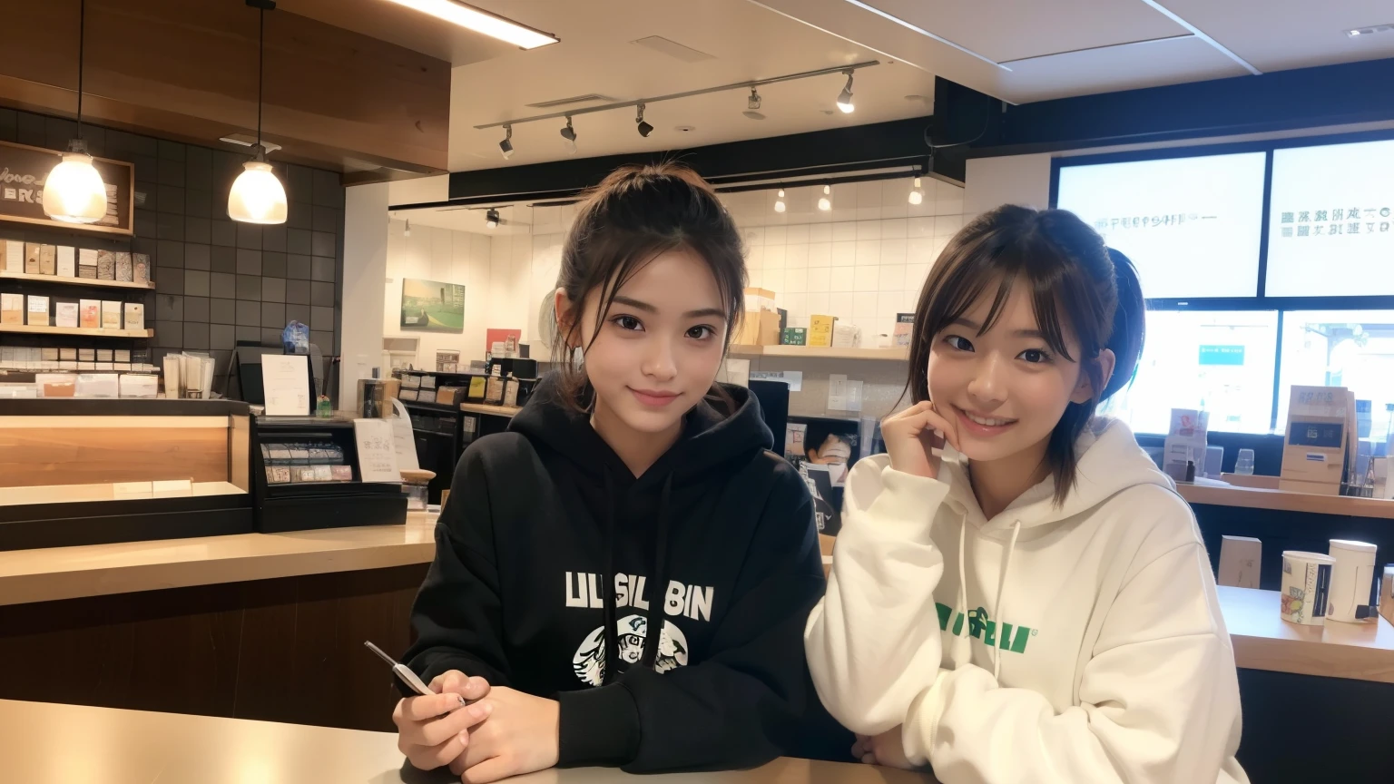 (8K, Raw photo, highest quality, masterpiece:1.2), (realistic, photo-realistic:1.4), (Highly detailed 8K wallpaper), perfect female body, famous japanese idol, 20 year old girl, japanese model, medium short hair, messy hair, light brown hair, hoodie,Starbucks, I can see other customers enjoying themselves too..。At the back of the cafe、Staff are busy working at the counter。