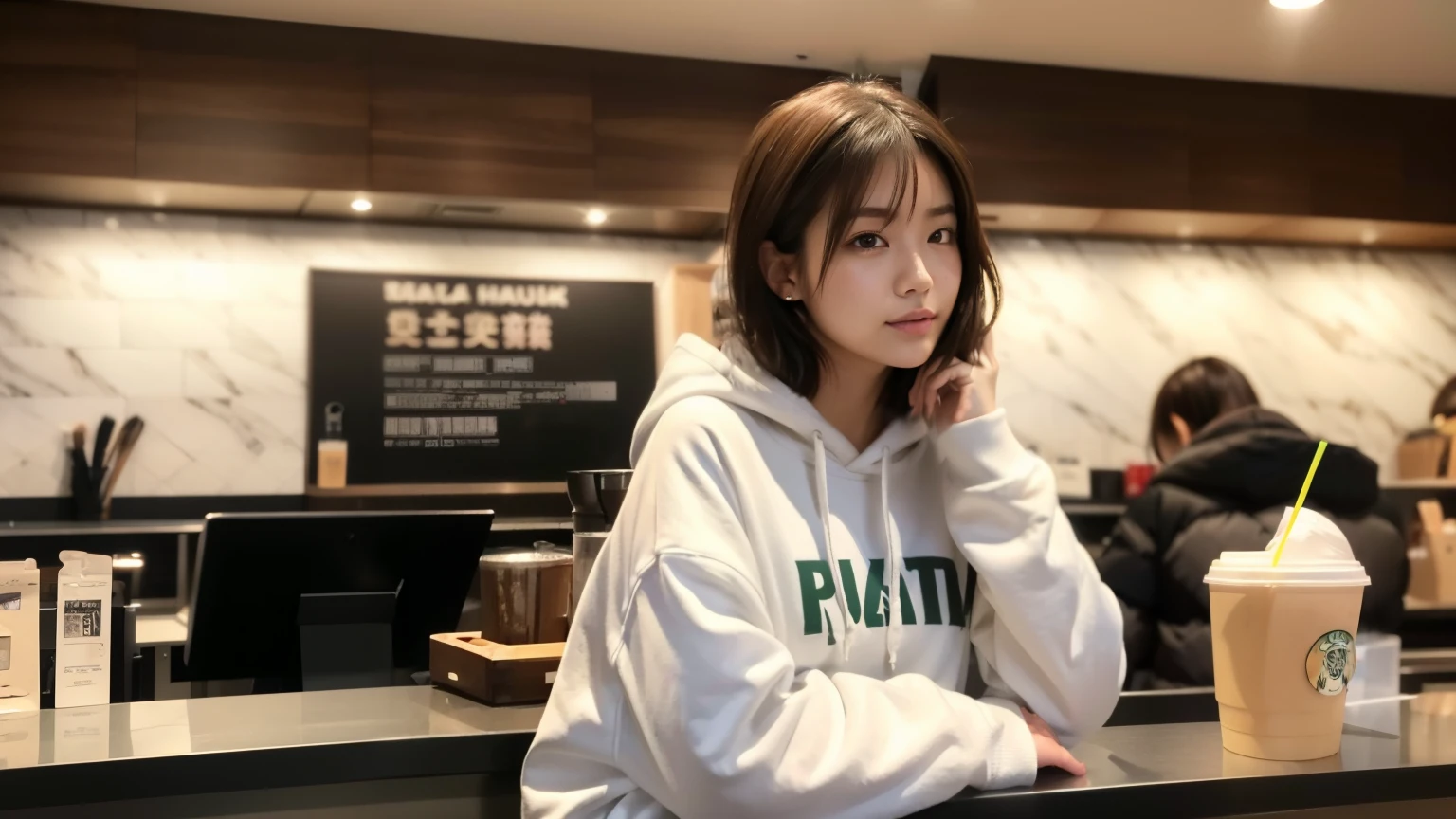 (8K, Raw photo, highest quality, masterpiece:1.2), (realistic, photo-realistic:1.4), (Highly detailed 8K wallpaper), perfect female body, famous japanese idol, 20 year old girl, japanese model, medium short hair, messy hair, light brown hair, hoodie,Starbucks, I can see other customers enjoying themselves too..。At the back of the cafe、Staff are busy working at the counter。