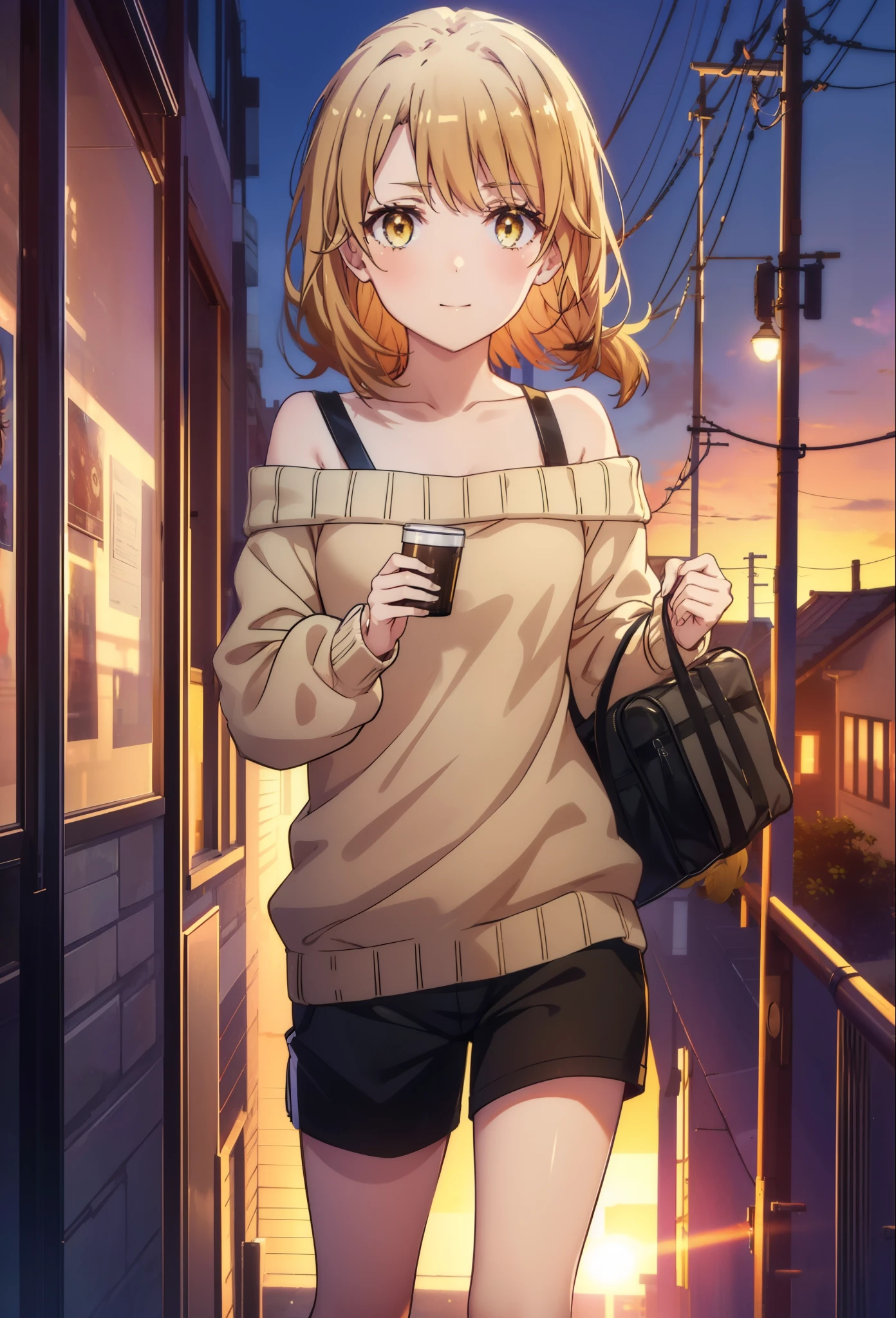 irohaisshiki, iroha isshiki, long hair, brown hair, (brown eyes:1.5), smile,blush,short braided hair,ponytail,off shoulder sweater,bare shoulders,naked neck,bare clavicle, oversized sweater, oversized sweater,  shorts,black pantyhose,short boots,morning日,morning,the sun is rising,walking,,
break outdoors, building street,In town,
break looking at viewer,
break (masterpiece:1.2), highest quality, High resolution, unity 8k wallpaper, (figure:0.8), (detailed and beautiful eyes:1.6), highly detailed face, perfect lighting, Very detailed CG, (perfect hands, perfect anatomy),